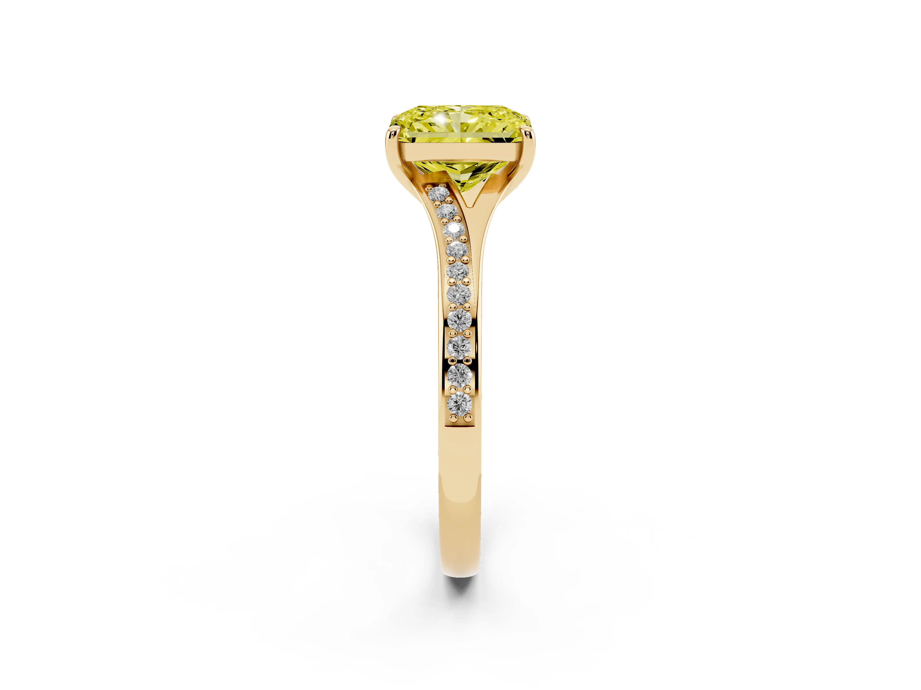 Fancy Yellow Radiant Cut Diamond Solitaire Ring Set in Yellow gold with Pavé Accent Band and Classic Prong Setting