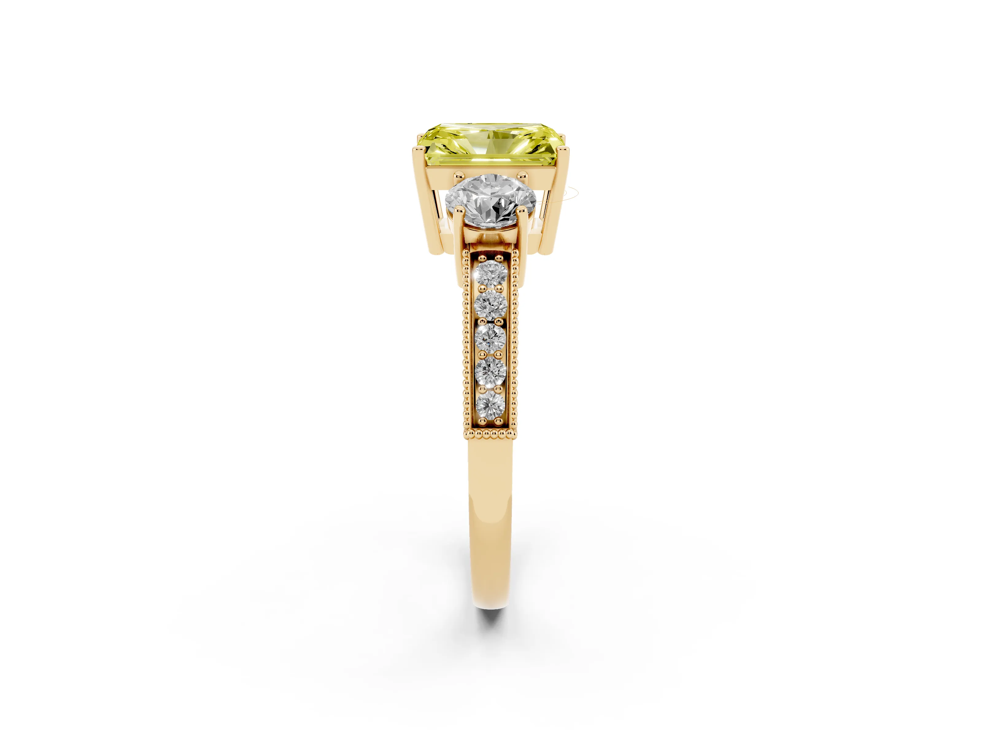 Fancy Yellow Radiant Cut Diamond Three-Stone Ring Set in Yellow gold with Round Side Stones and Pavé Band