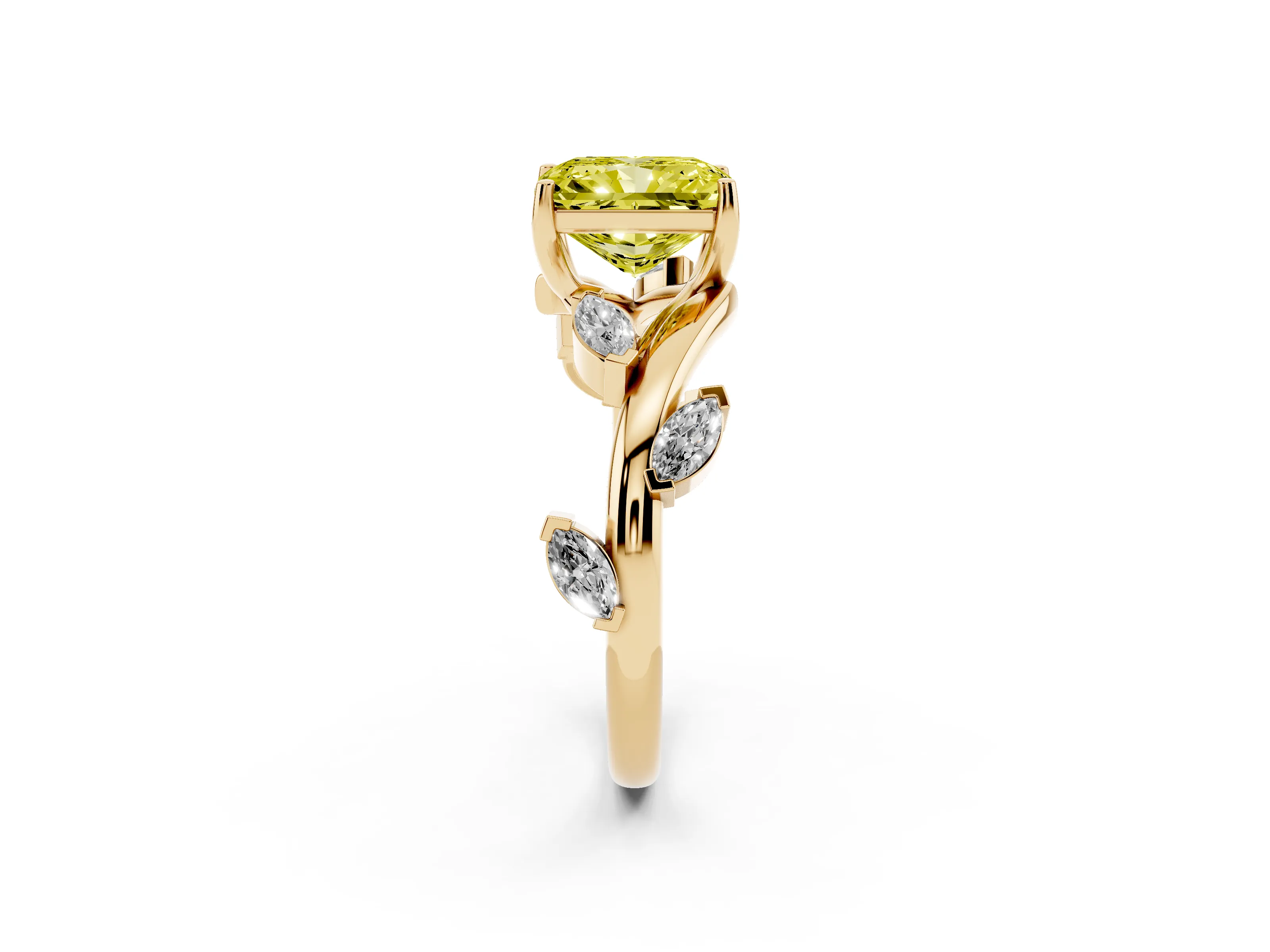 Fancy Yellow Radiant Cut Diamond Solitaire Ring Set in Yellow gold with Twisted Marquise Accent Band
