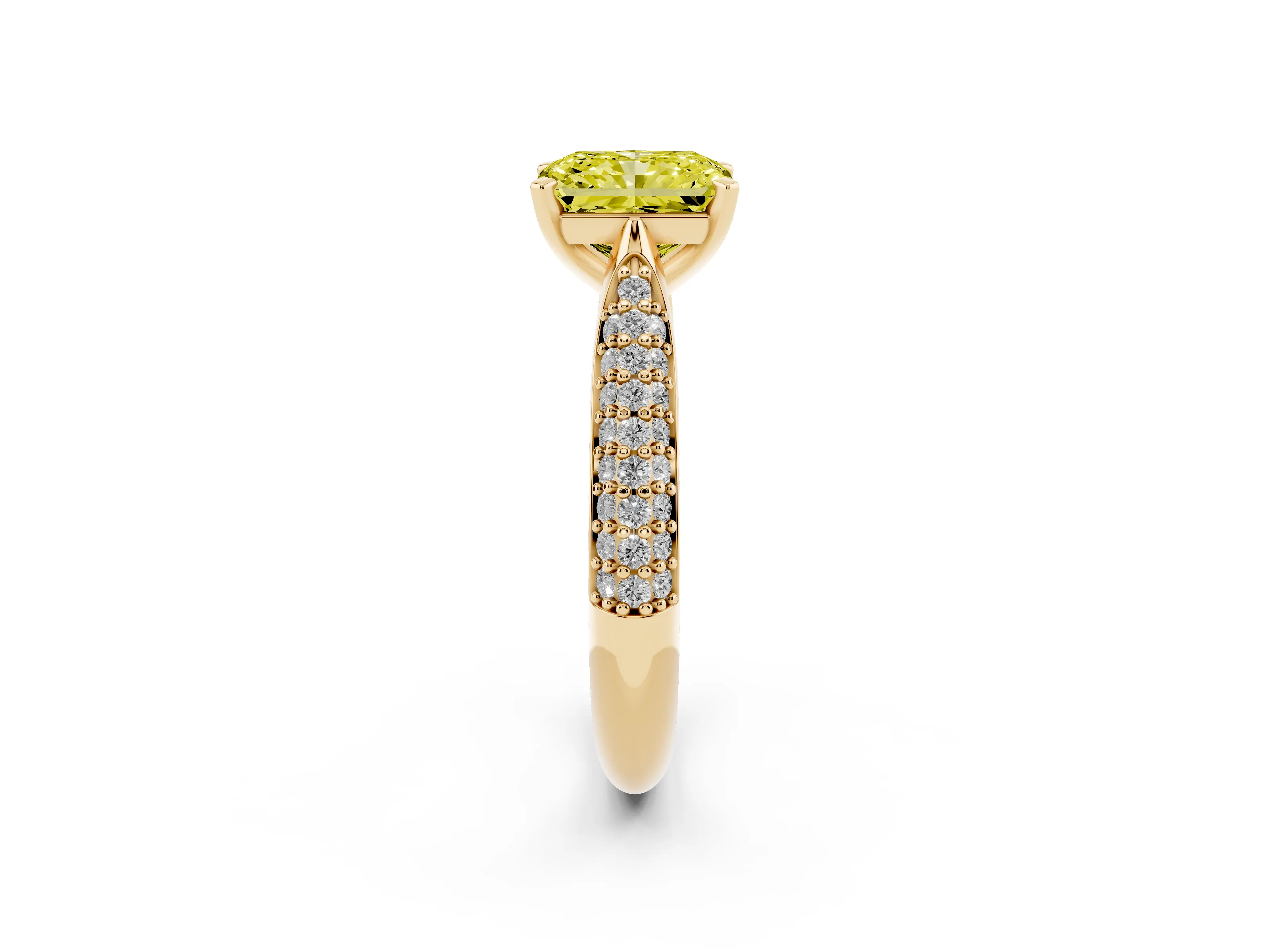 Fancy Yellow Radiant Cut Diamond Solitaire Engagement Ring Set in Yellow gold with Multi-Row Round Pavé Band and Prong Setting