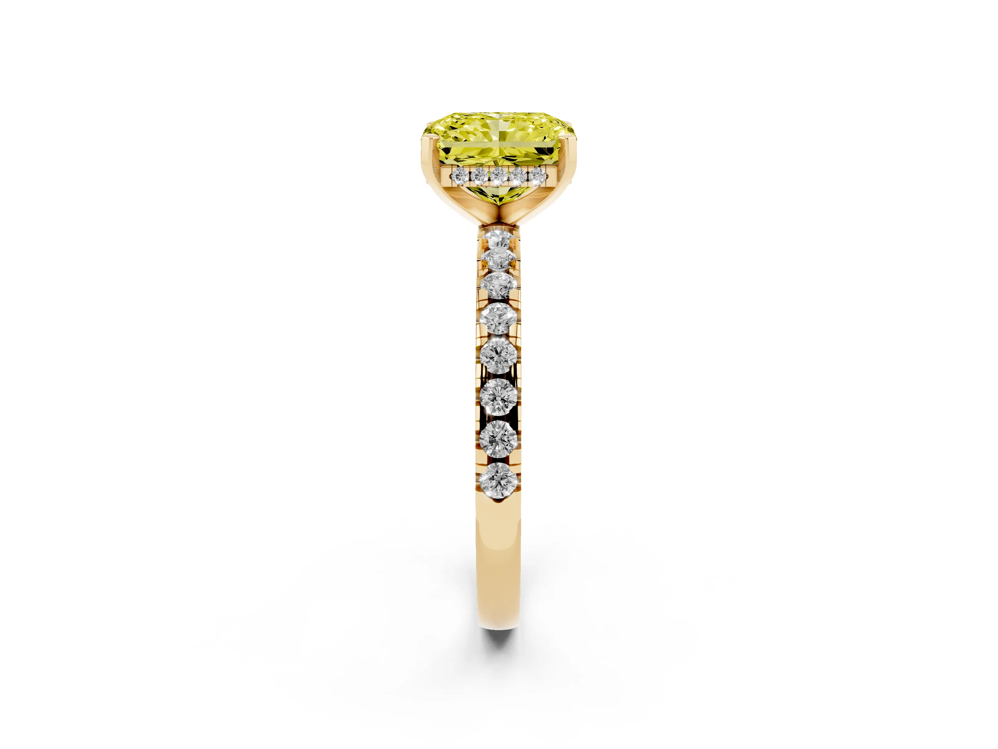 Fancy Yellow Radiant Cut Diamond Pavé Solitaire Ring Set in Yellow gold with Round Band Accents and Prong Setting