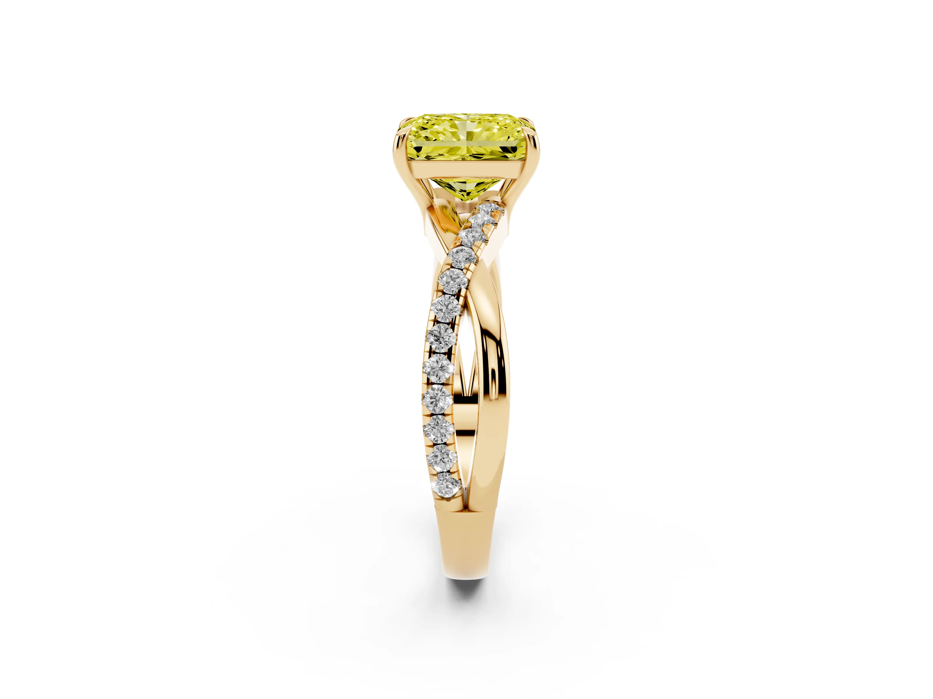 Fancy Yellow Radiant Cut Diamond Twisted Pavé Band Ring Set in Yellow gold with Prong Setting