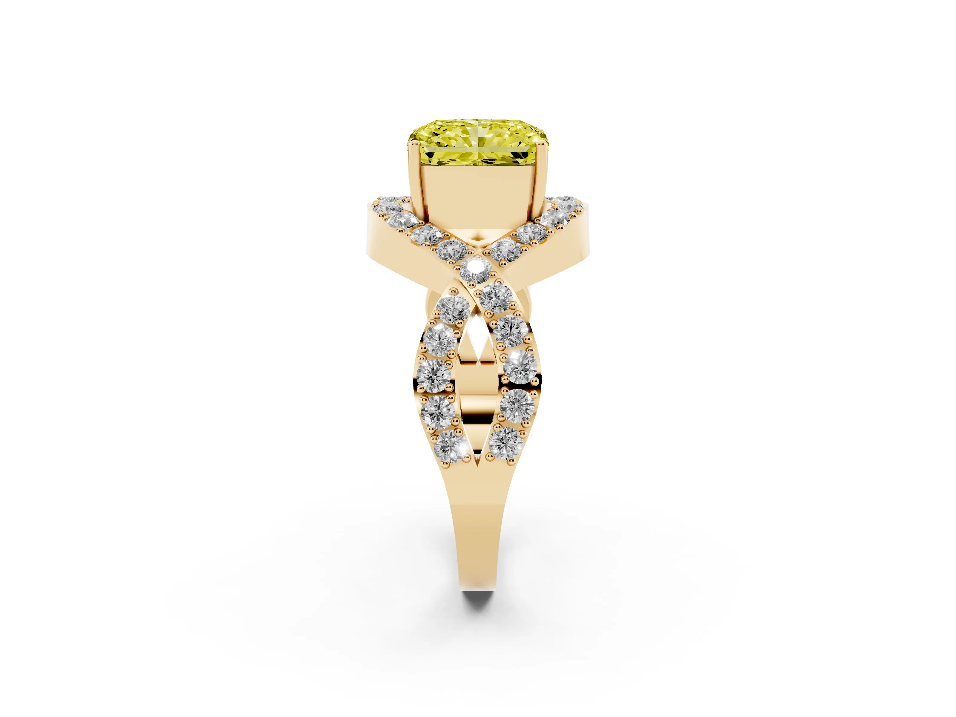 Fancy Yellow Radiant Cut Diamond Solitaire Twist Band Pavé Engagement Ring Set in Yellow gold