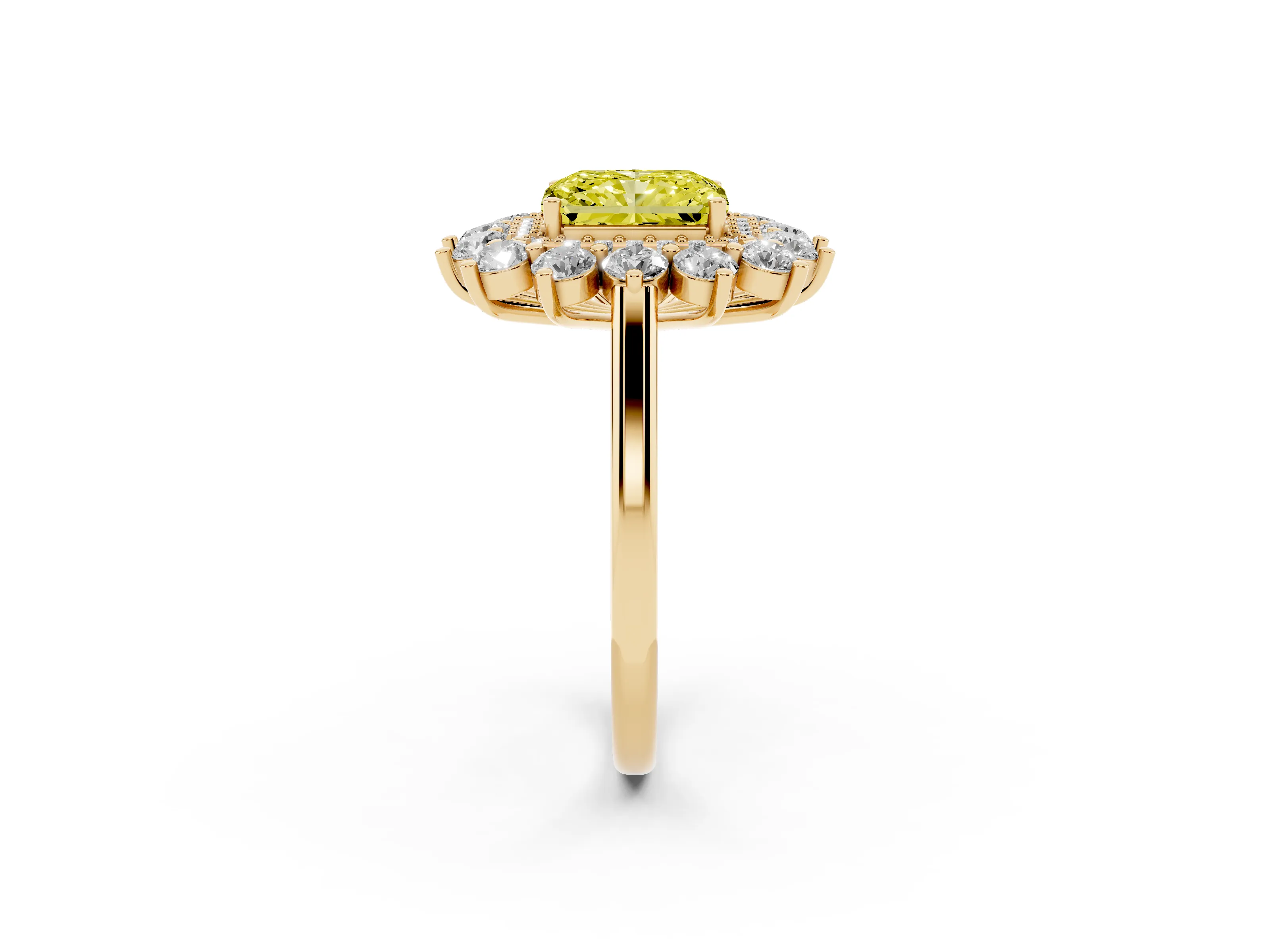 Fancy Yellow Radiant Cut Diamond Floral Double Halo Ring Set in Yellow gold with Round Petals