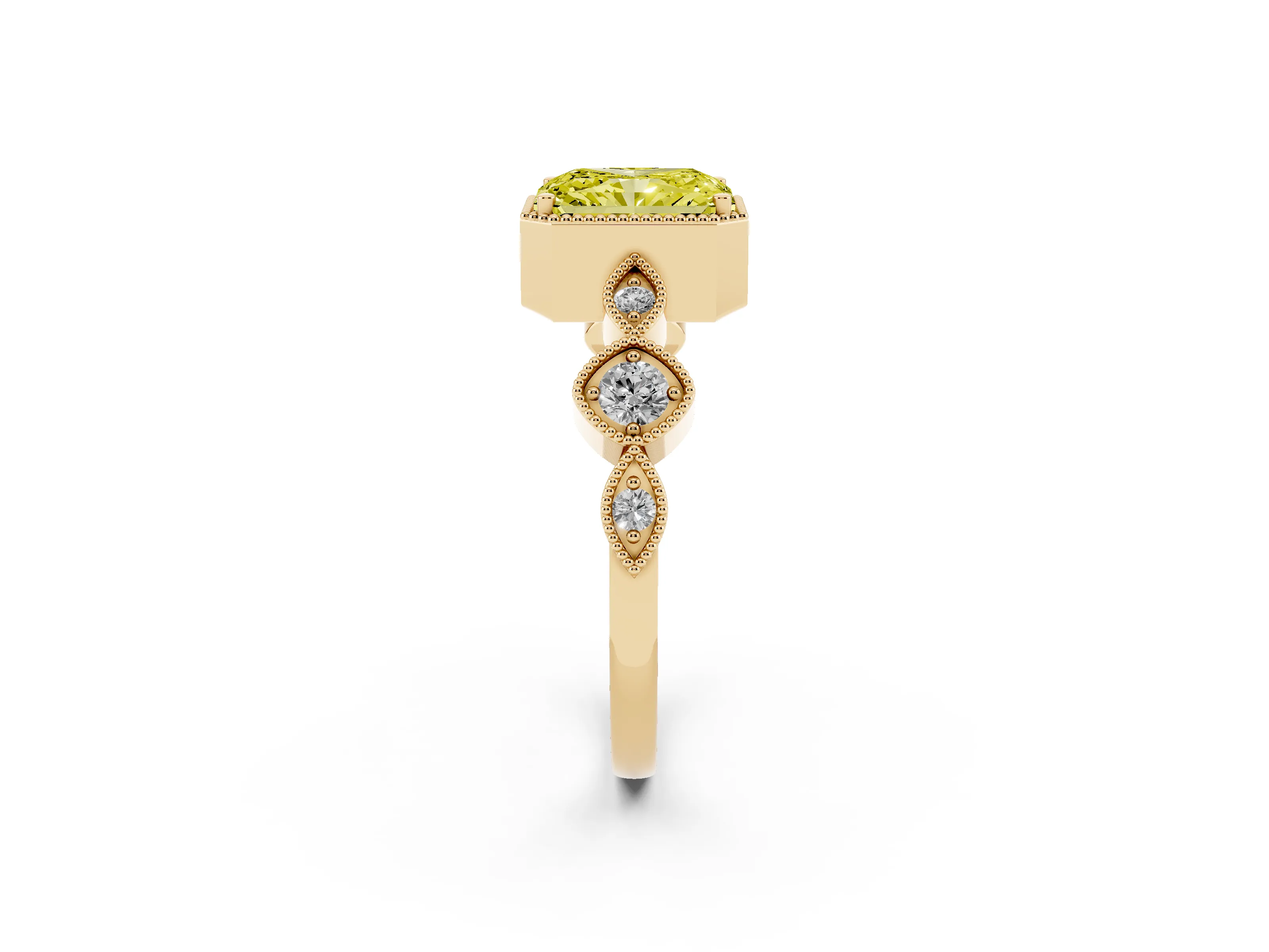 Fancy Yellow Radiant Cut Diamond Vintage-Inspired Milgrain Ring Set in Yellow gold with Marquise Stations of Round Accents