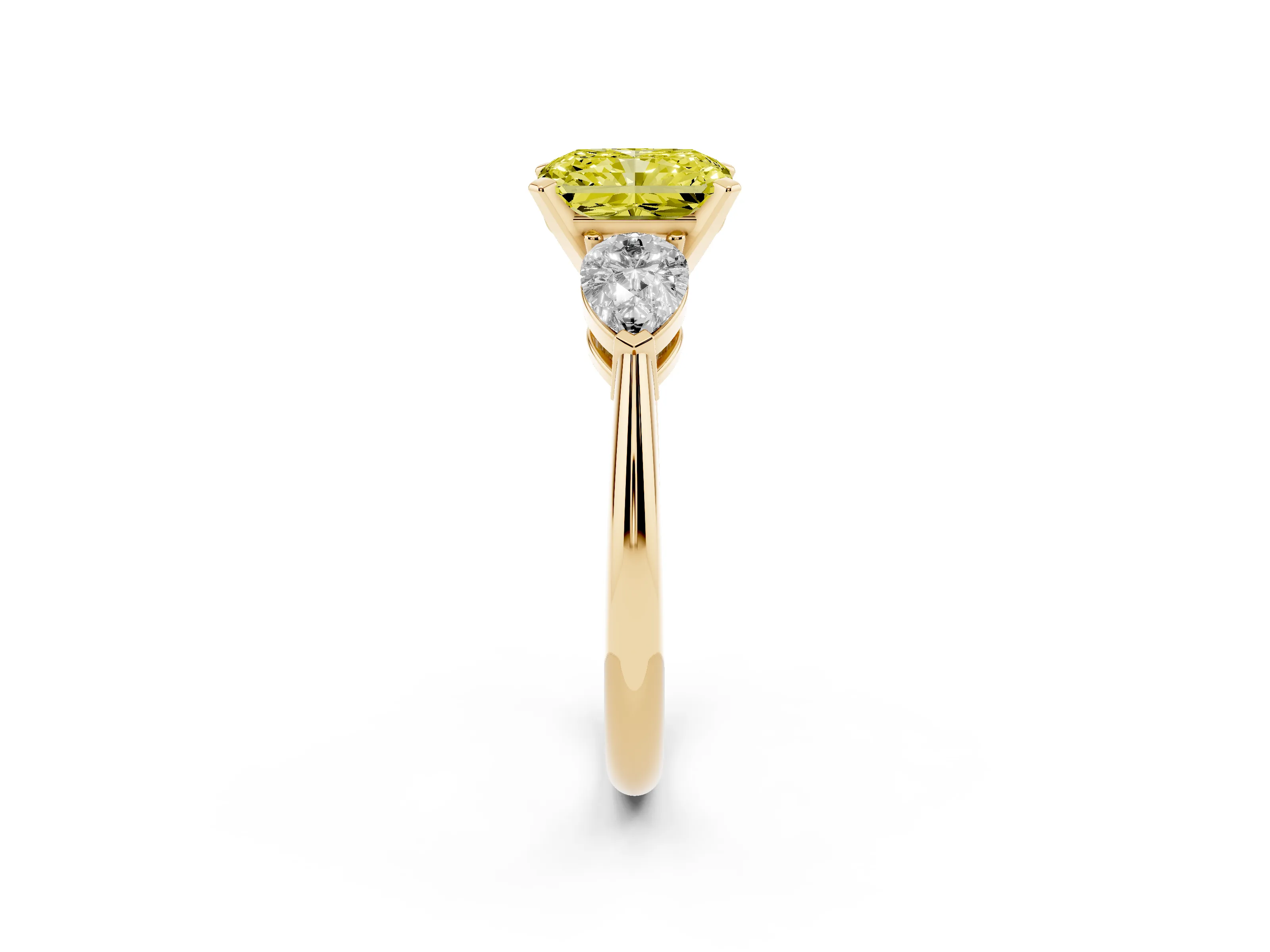 Fancy Yellow Three-Stone Radiant Cut Diamond Ring Set in Yellow gold with Pear Side Stones and Prong Setting