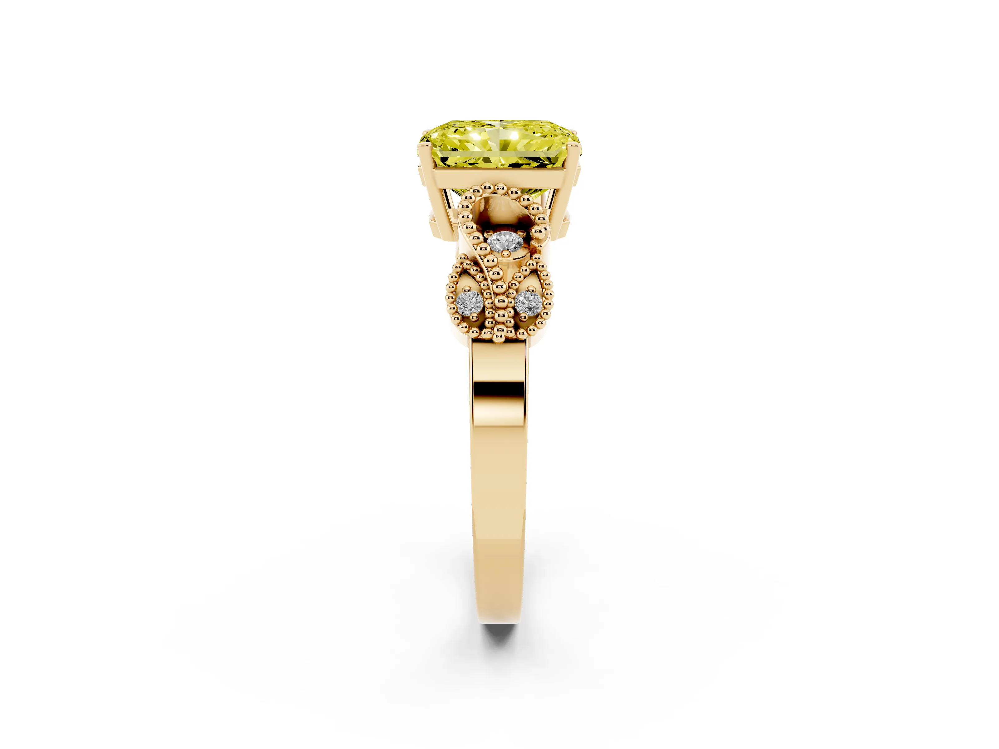 Fancy Yellow Radiant Cut Diamond Milgrain Leaf Band Solitaire Ring Set in Yellow gold with Accent Stones and Prong Setting