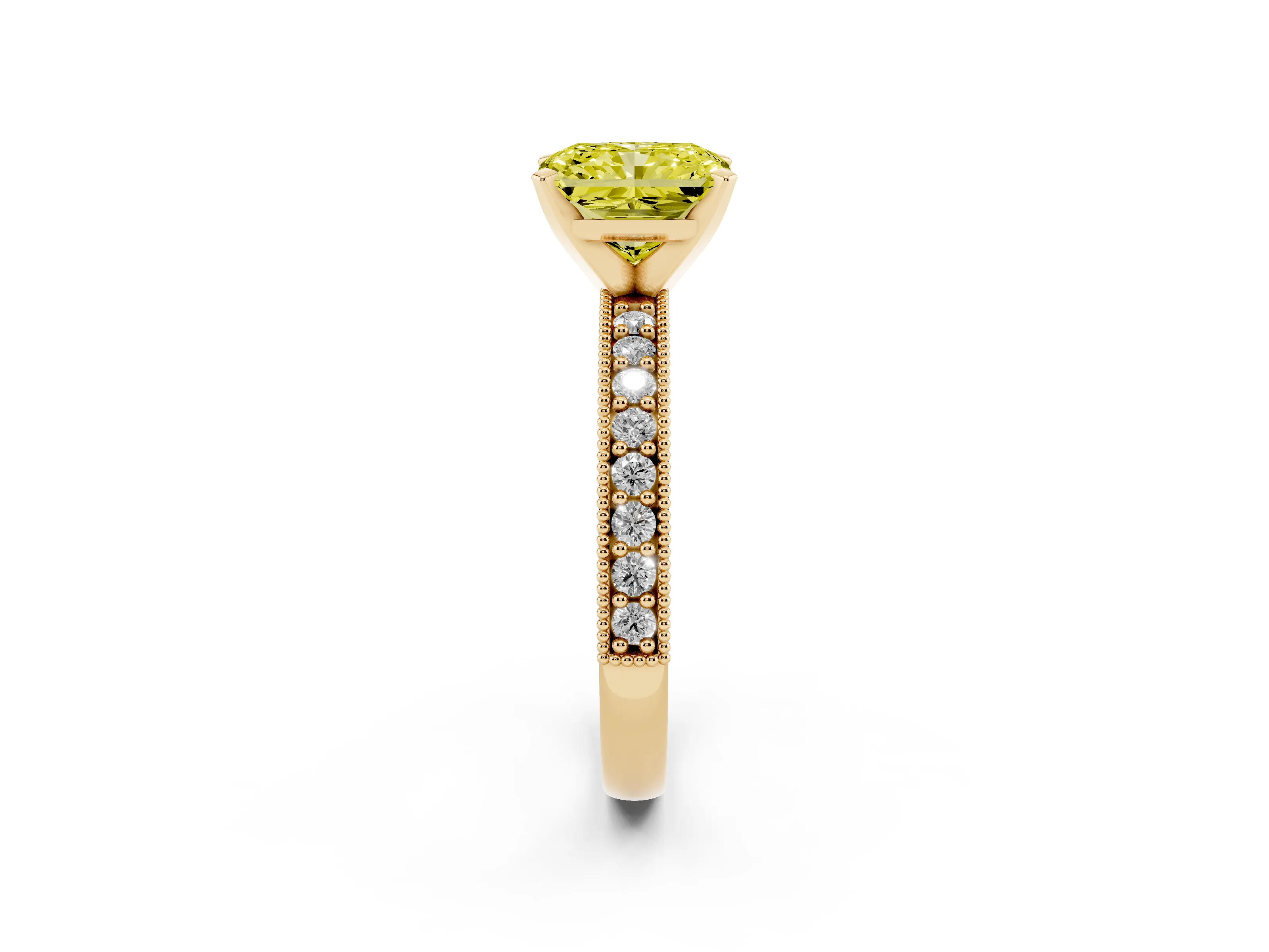 Fancy Yellow Radiant Cut Diamond Milgrain Pavé Engagement Ring Set in Yellow gold with Prong Setting
