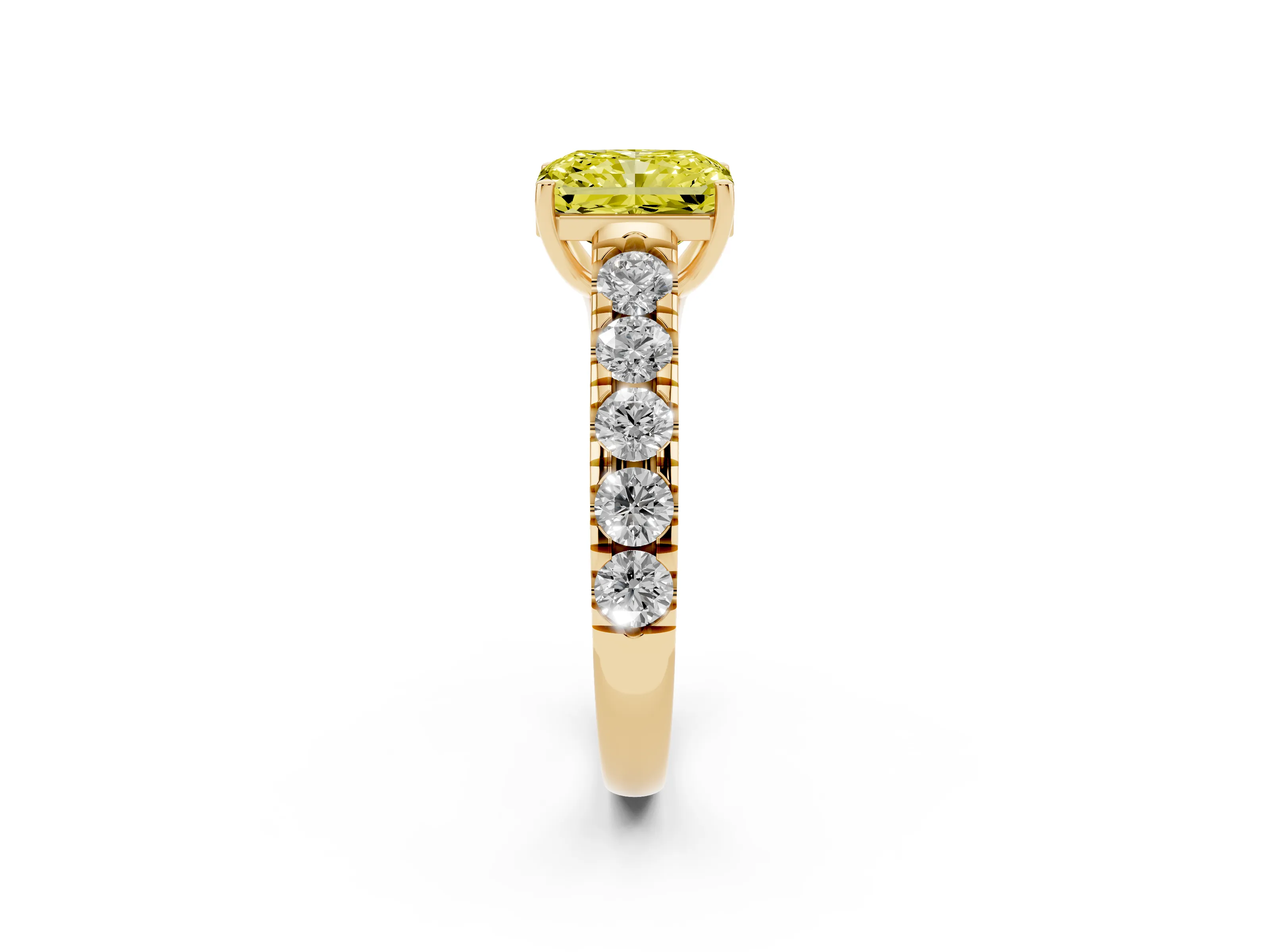 Fancy Yellow Radiant Cut Diamond Solitaire Ring Set in Yellow gold with Cut-Down Micro Pavé Band and Prong Setting