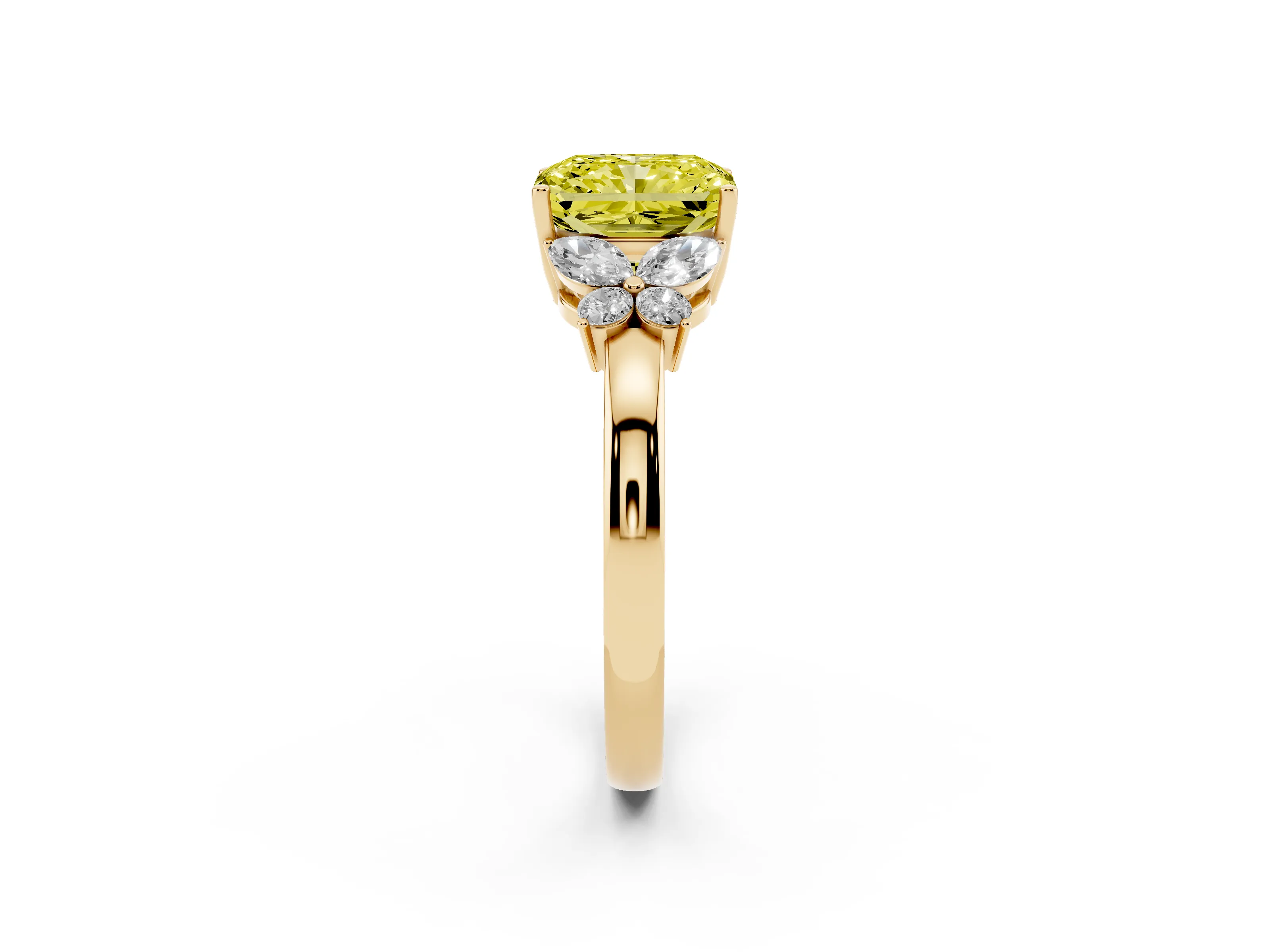 Fancy Yellow Radiant Cut Diamond Solitaire Floral Ring Set in Yellow gold with Marquise Petals and Prong Setting