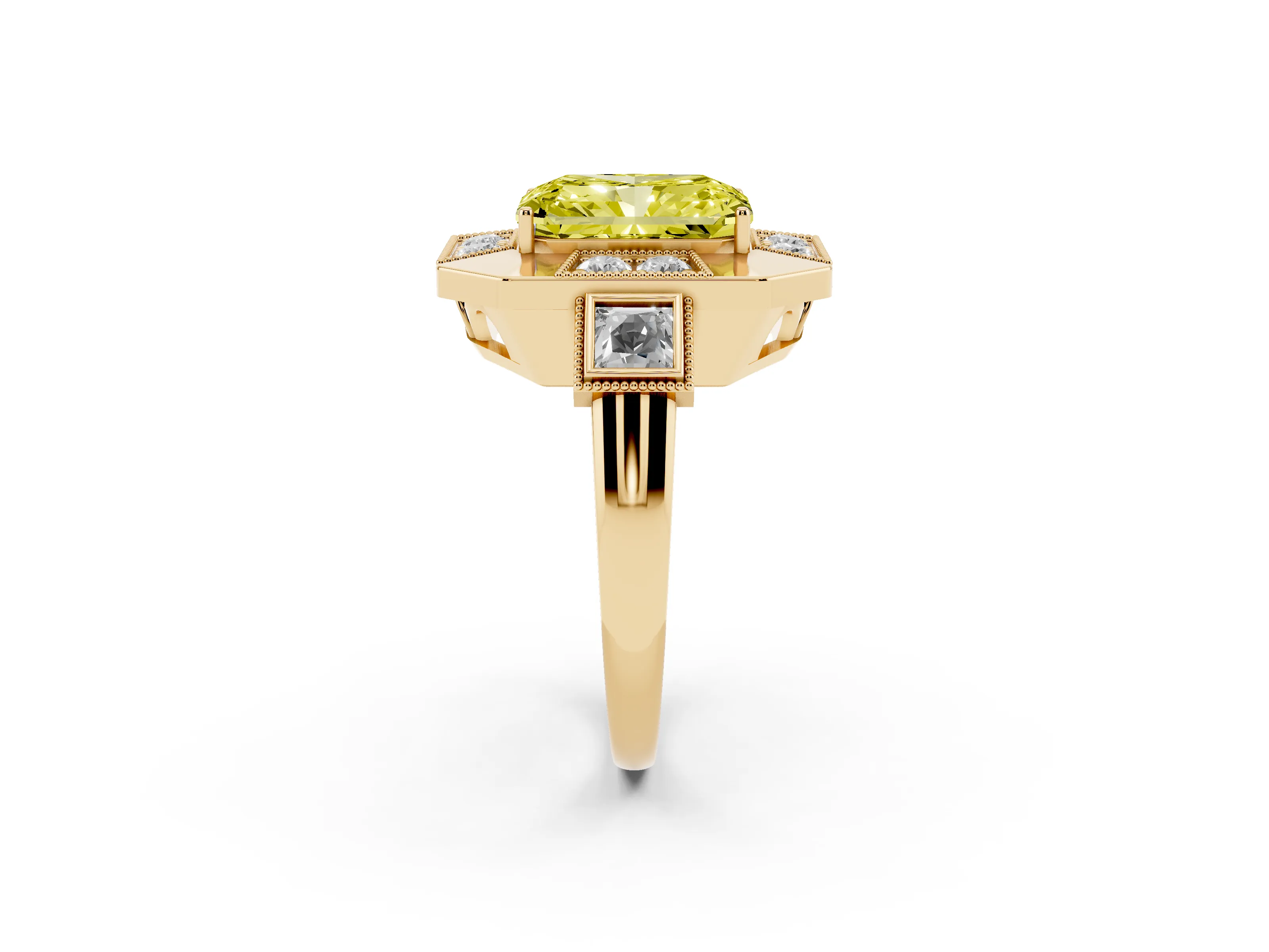 Fancy Yellow Radiant Cut Diamond Milgrain Halo Ring Set in Yellow gold with Split Shank
