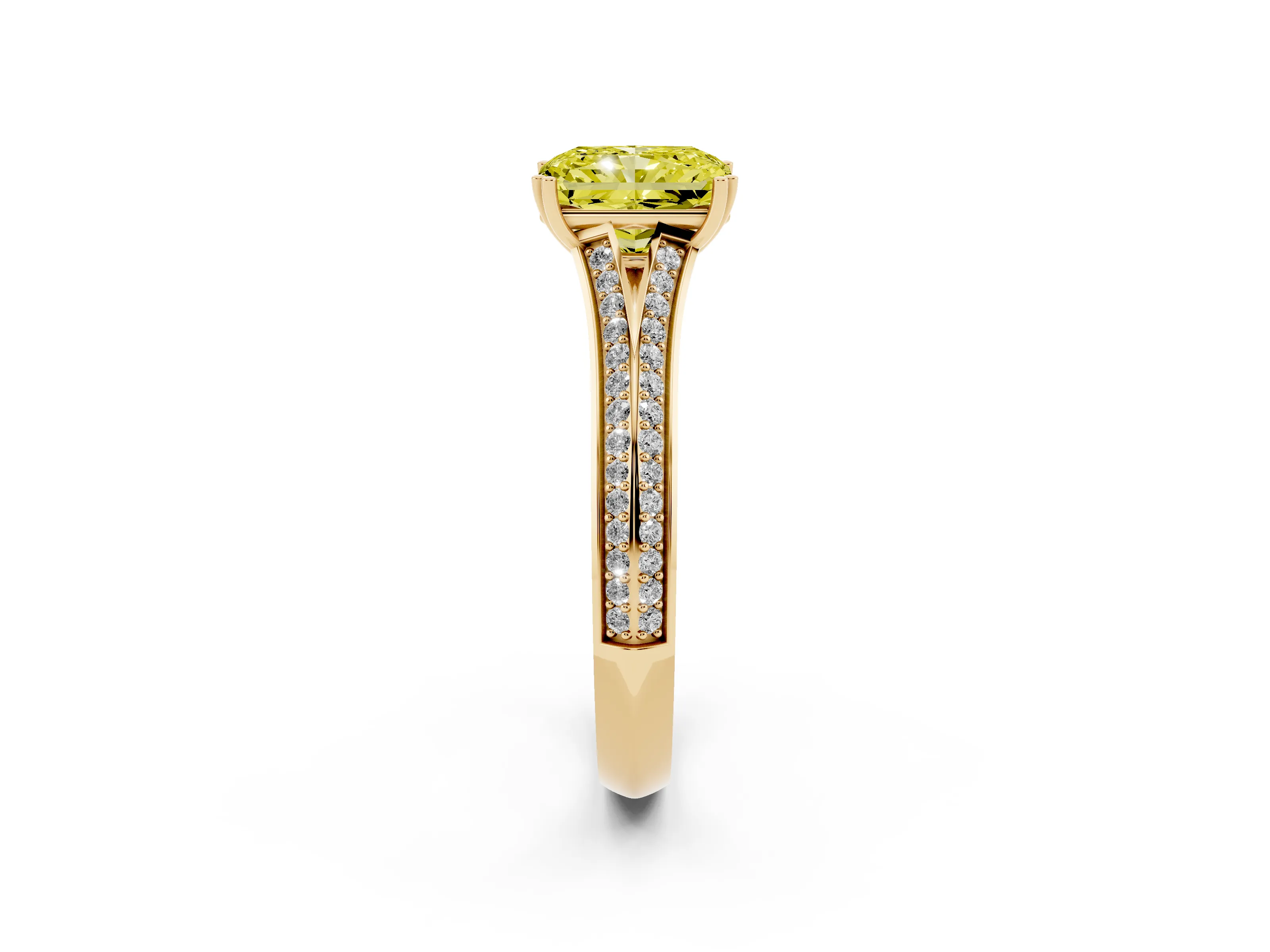 Fancy Yellow Radiant Cut Diamond Split Shank Pavé Engagement Ring Set in Yellow gold with Prong-Set Center Stone