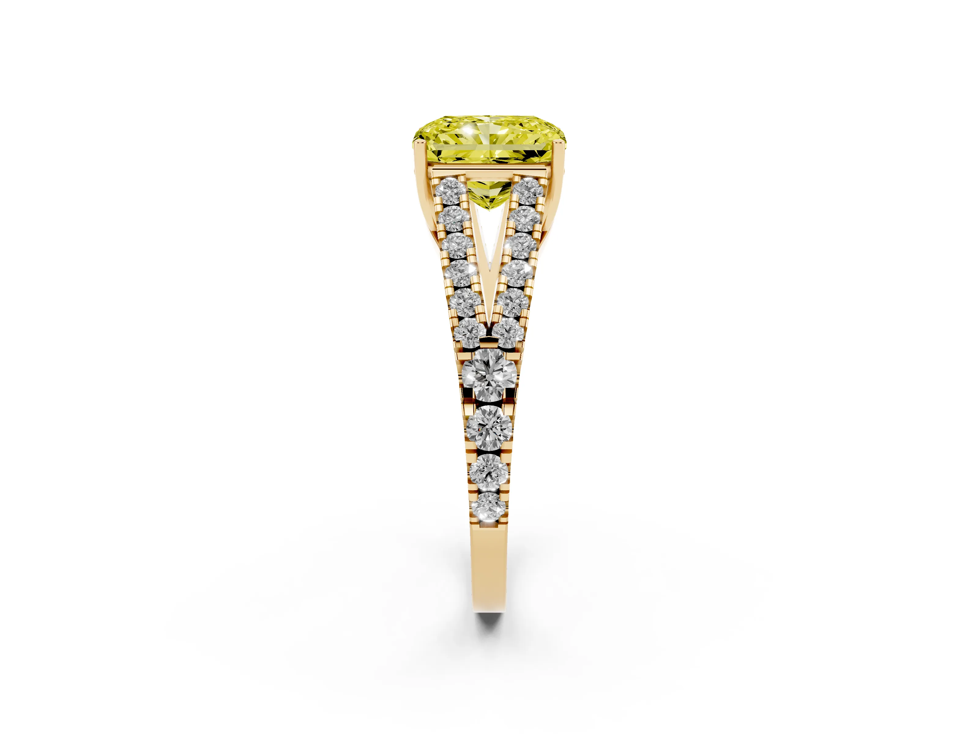 Fancy Yellow Radiant Cut Diamond Split Shank Pavé Engagement Ring Set in Yellow gold with Prong-Held Center Stone