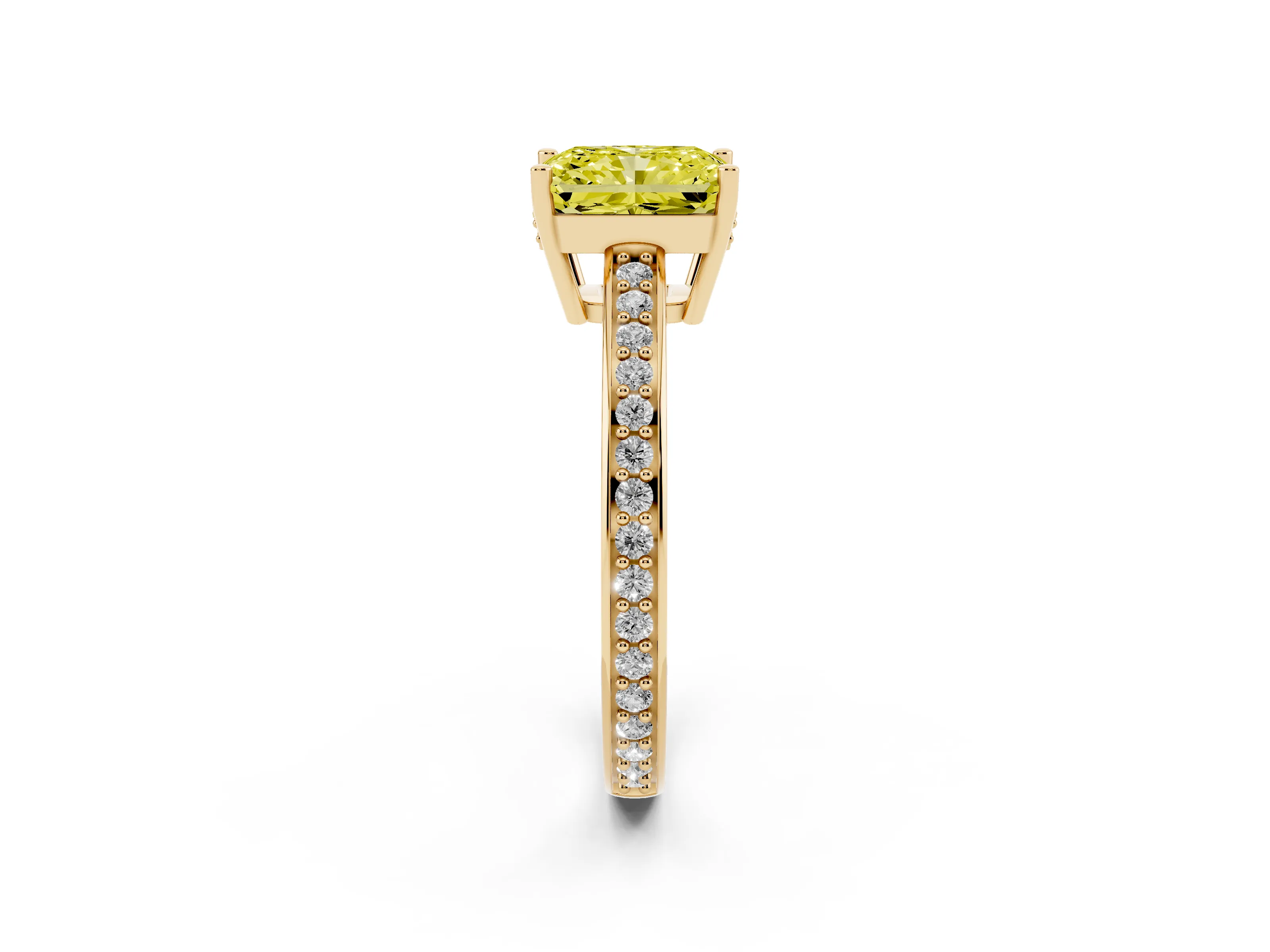 Fancy Yellow Radiant Cut Diamond Pavé Band Prong Set Solitaire Ring Set in Yellow gold