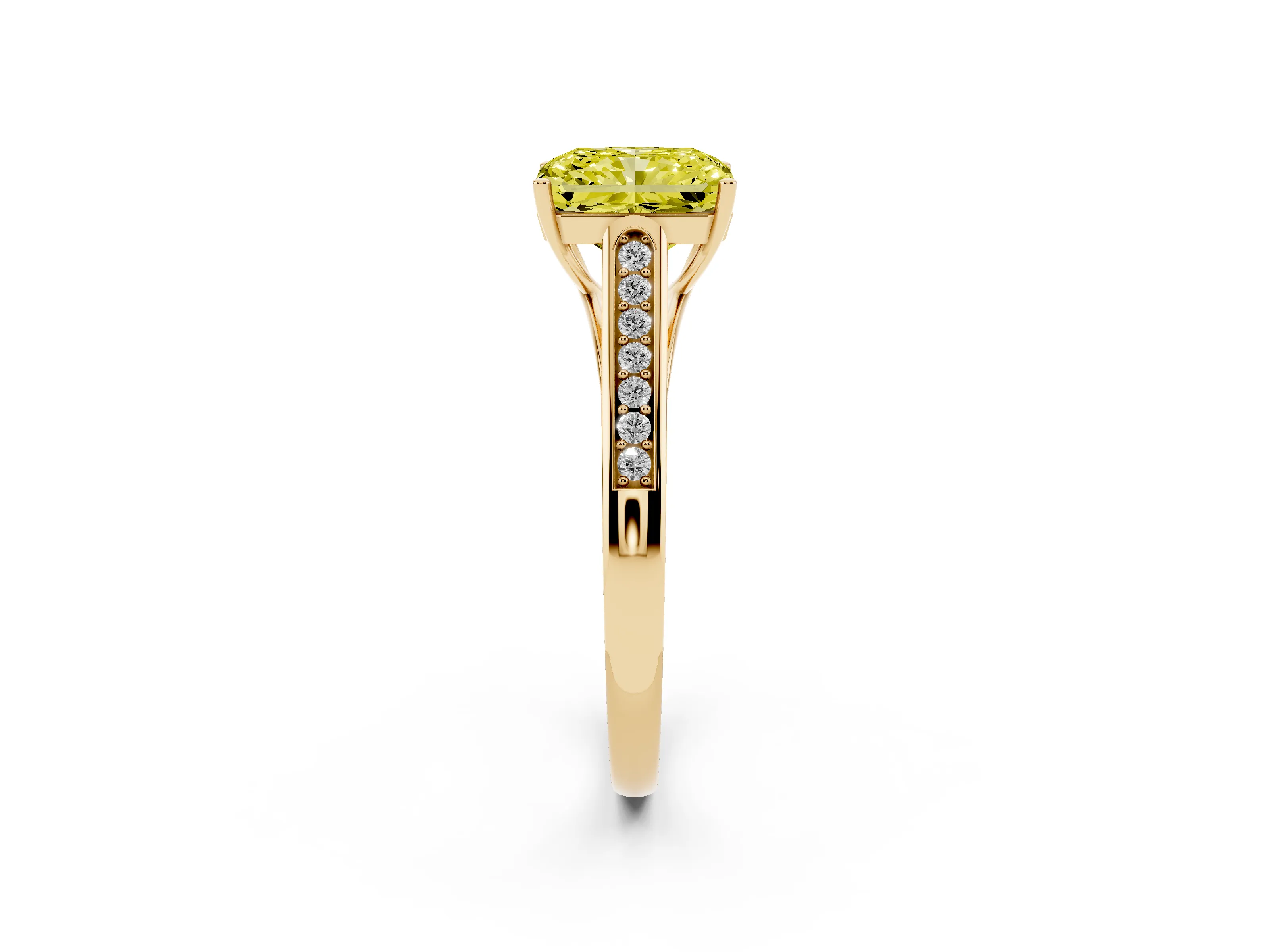 Fancy Yellow Radiant Cut Diamond Solitaire Cathedral Engagement Ring Set in Yellow gold with Channel-Set Band and Prong Setting