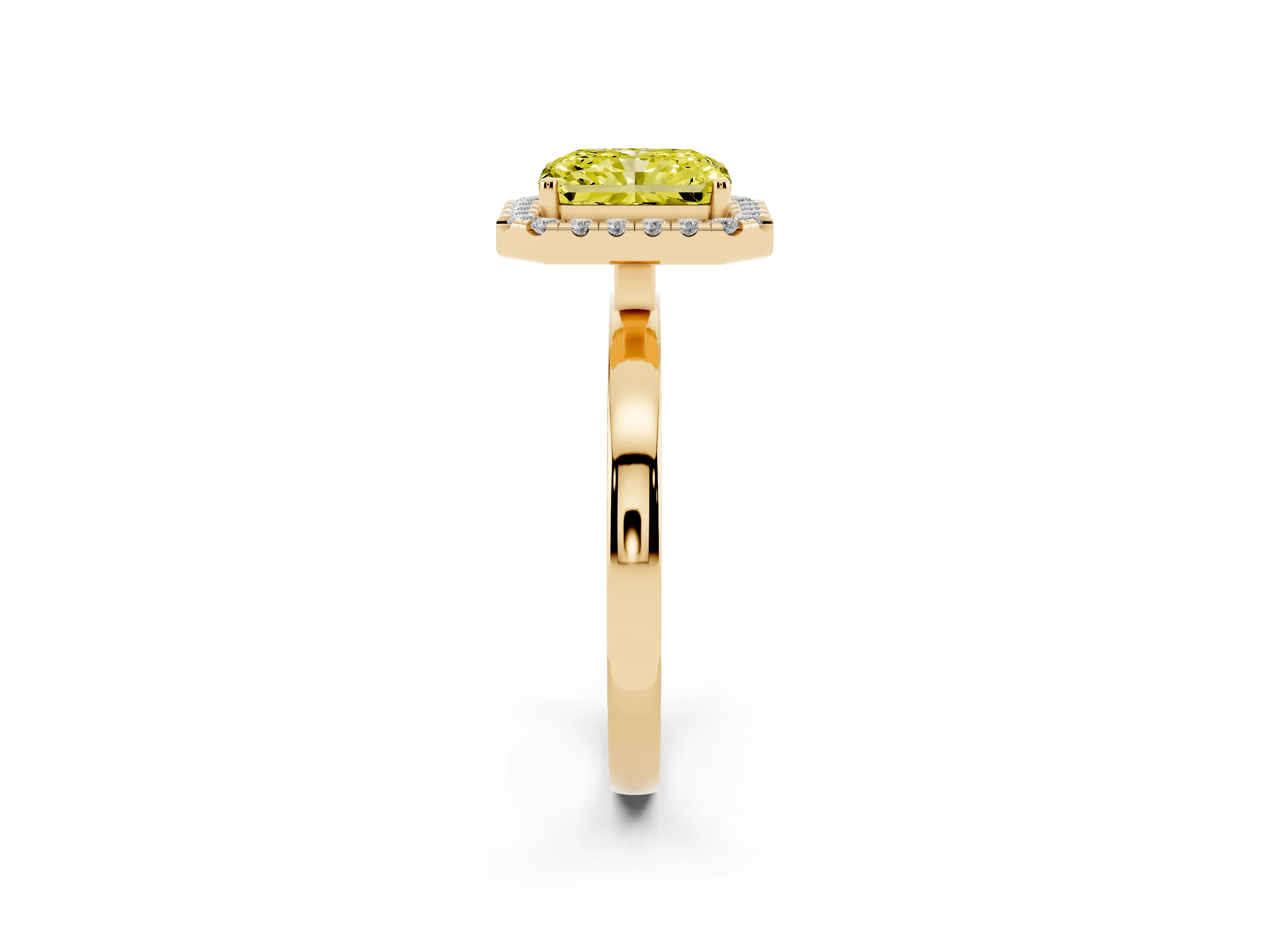 Fancy Yellow Radiant Cut Diamond Halo Solitaire Ring Set in Yellow gold with Pavé Band and Prong Setting