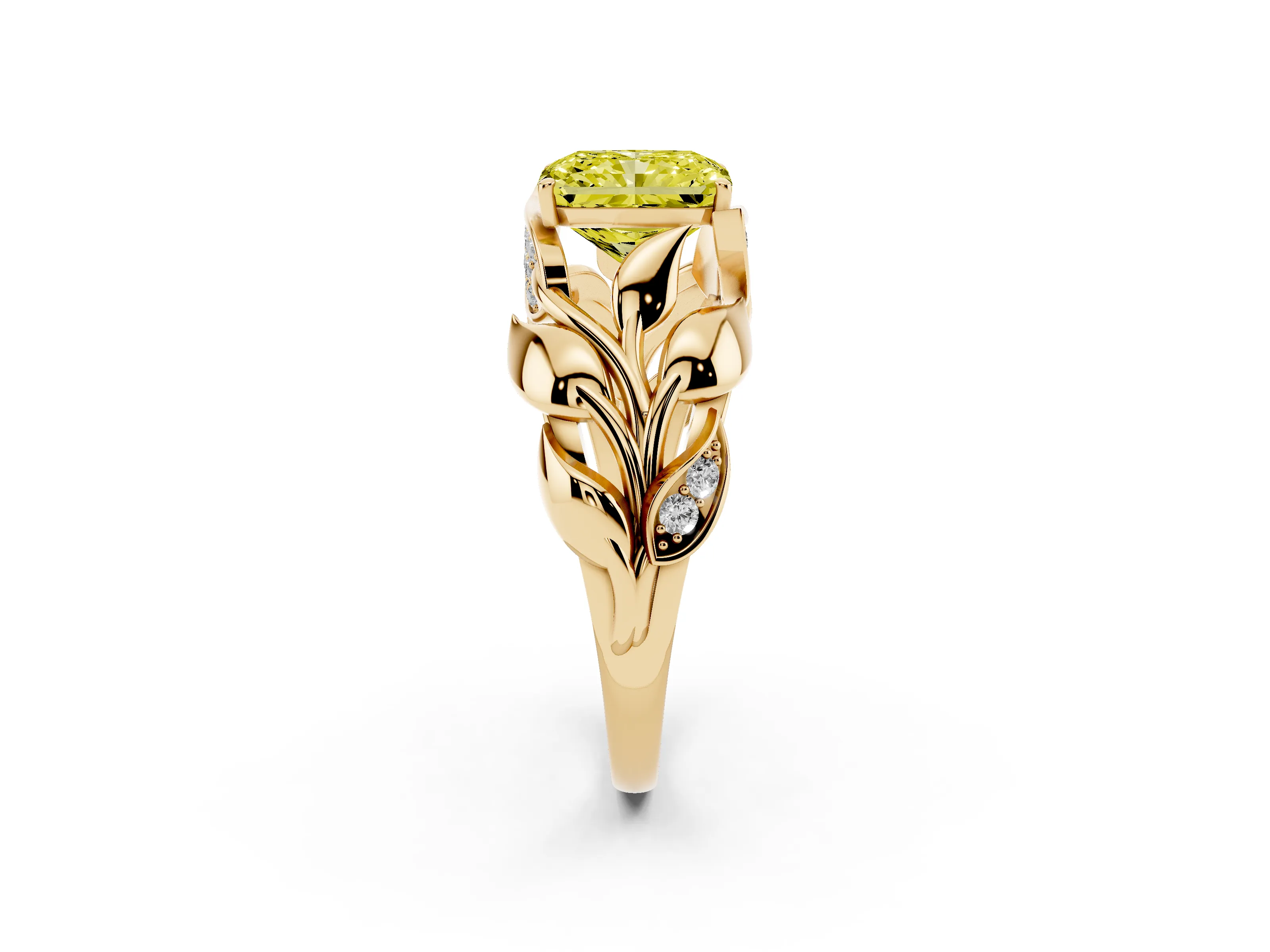Fancy Yellow Radiant Cut Diamond Leaf-Inspired Engagement Ring Set in Yellow gold with Round Accents