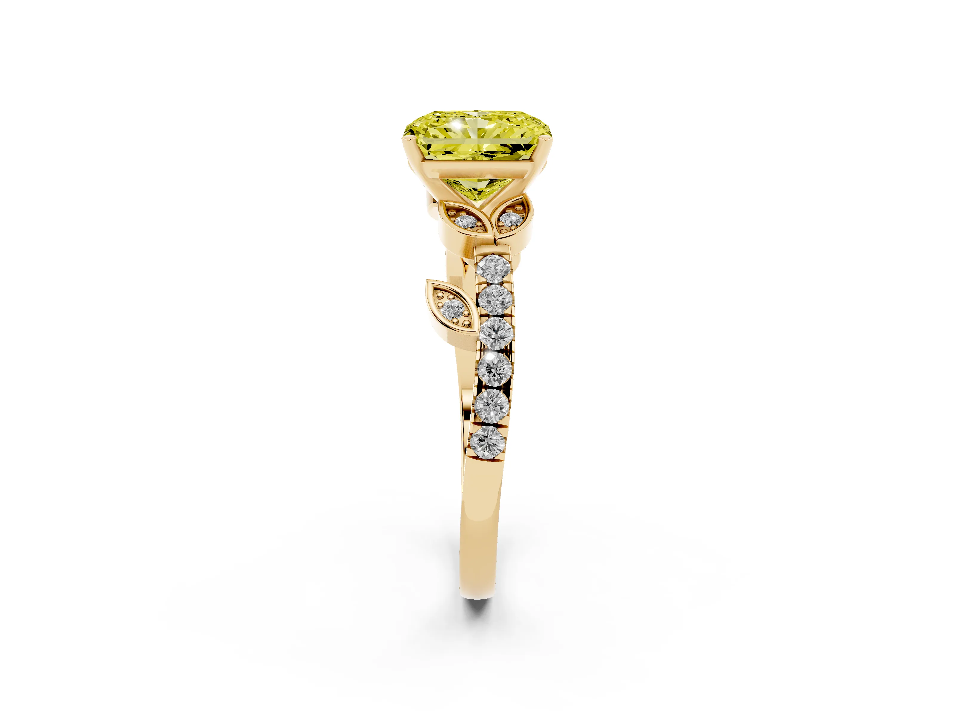 Fancy Yellow Radiant Cut Diamond Solitaire Leaf-Inspired Ring Set in Yellow gold with Pavé Band and Prong Setting