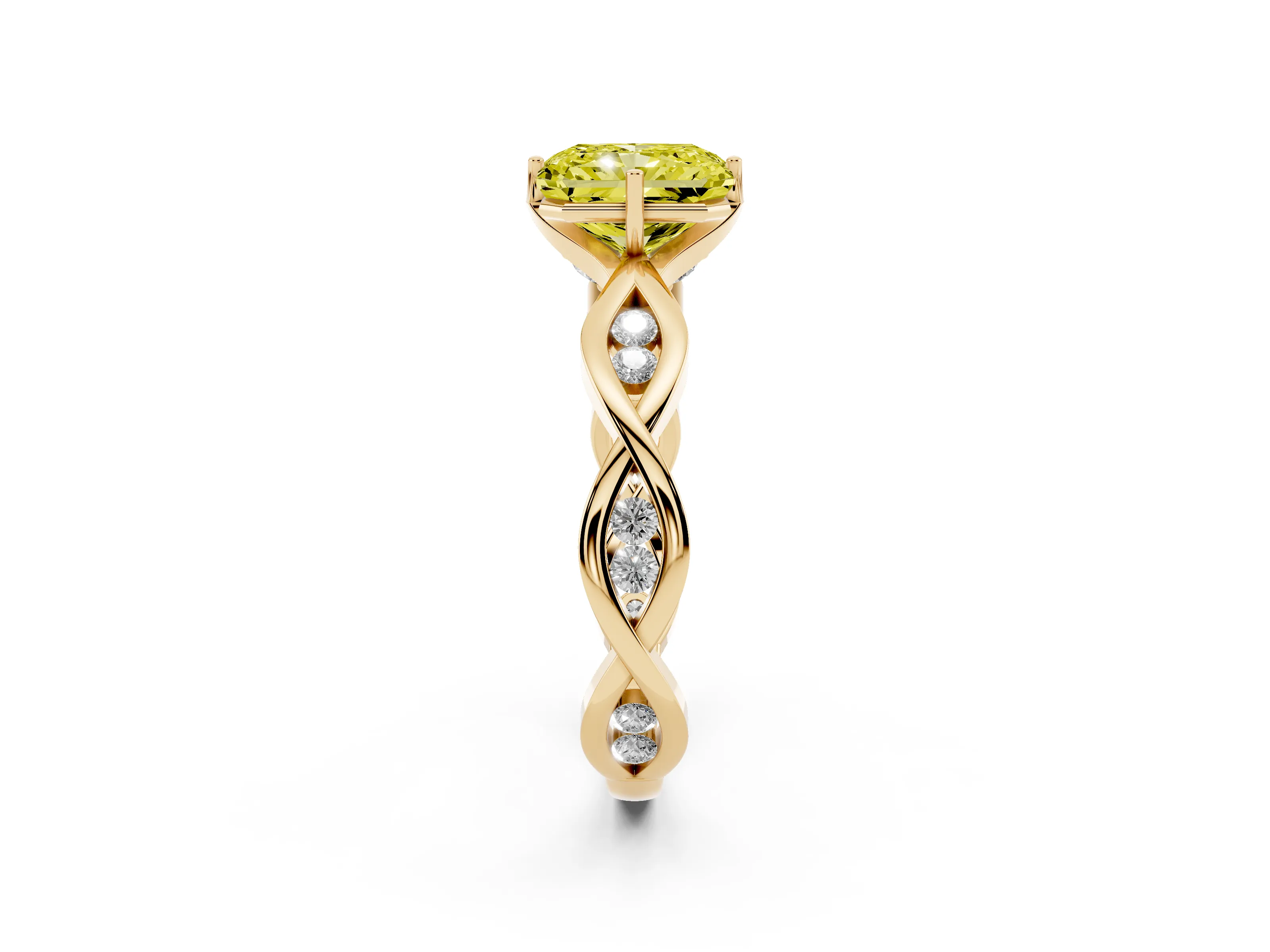 Fancy Yellow Radiant Cut Diamond Twist Band Solitaire Ring Set in Yellow gold with Leaf Prong Setting and Accent Stones