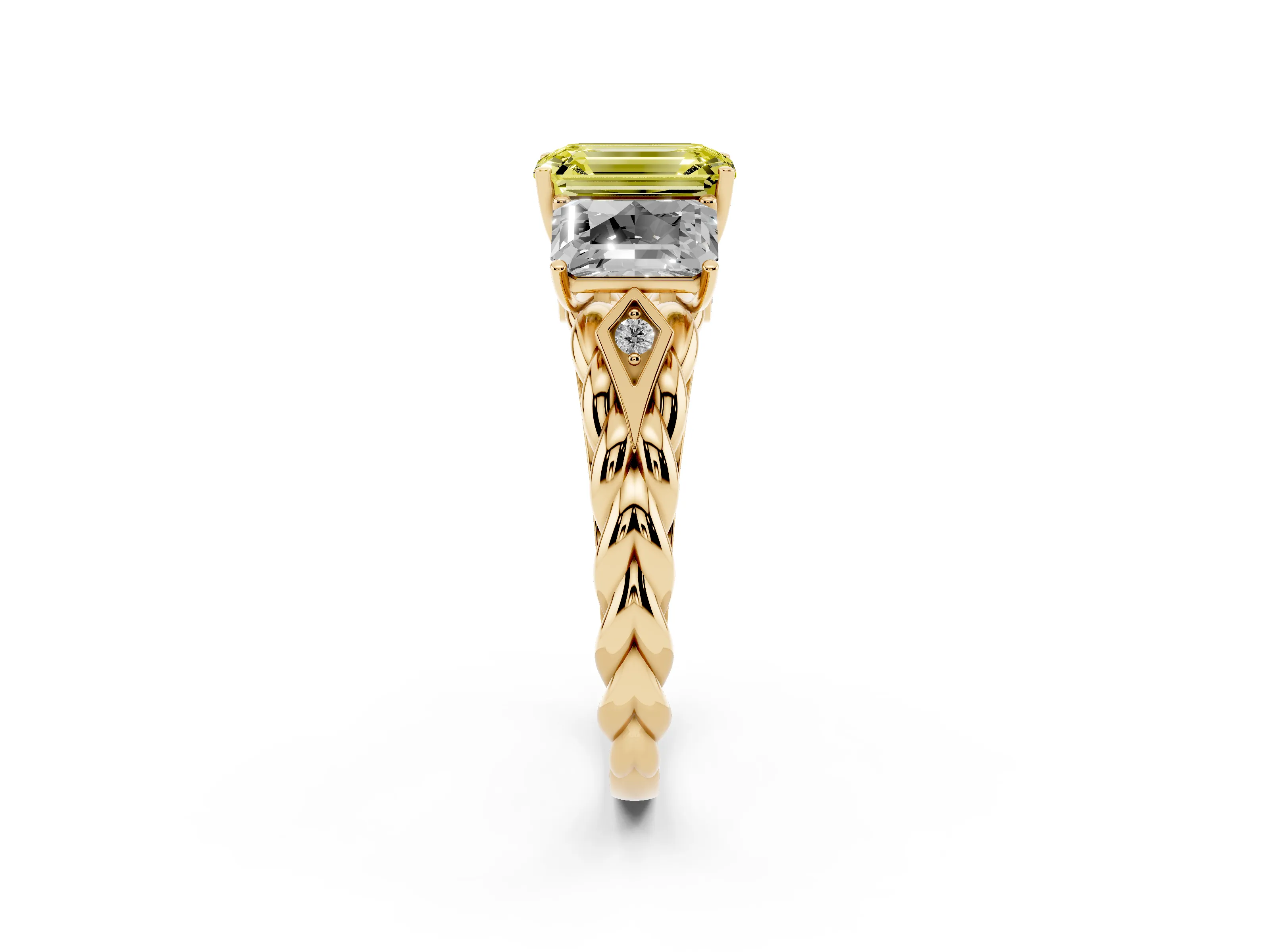 Fancy Yellow Radiant Cut Diamond Three-Stone Ring Set in Yellow gold with Braided Band