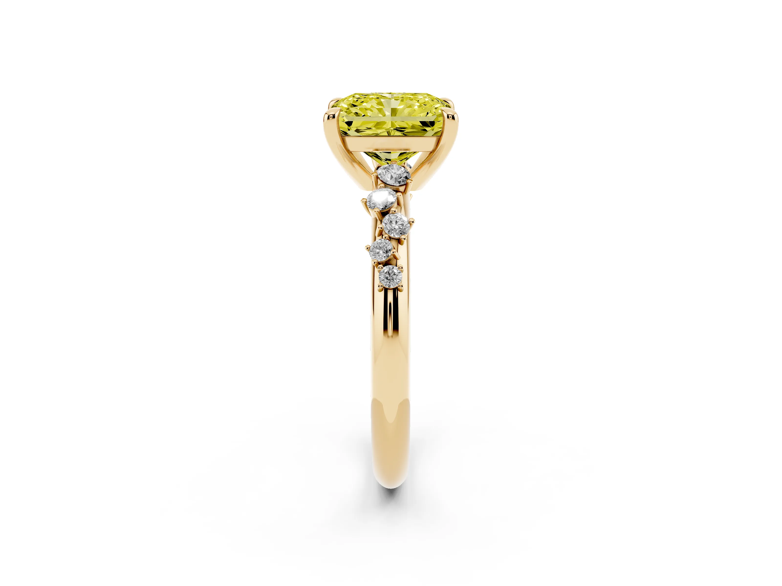 Fancy Yellow Radiant Cut Diamond Solitaire Vine Band Ring Set in Yellow gold with Round Accents and Prong Setting