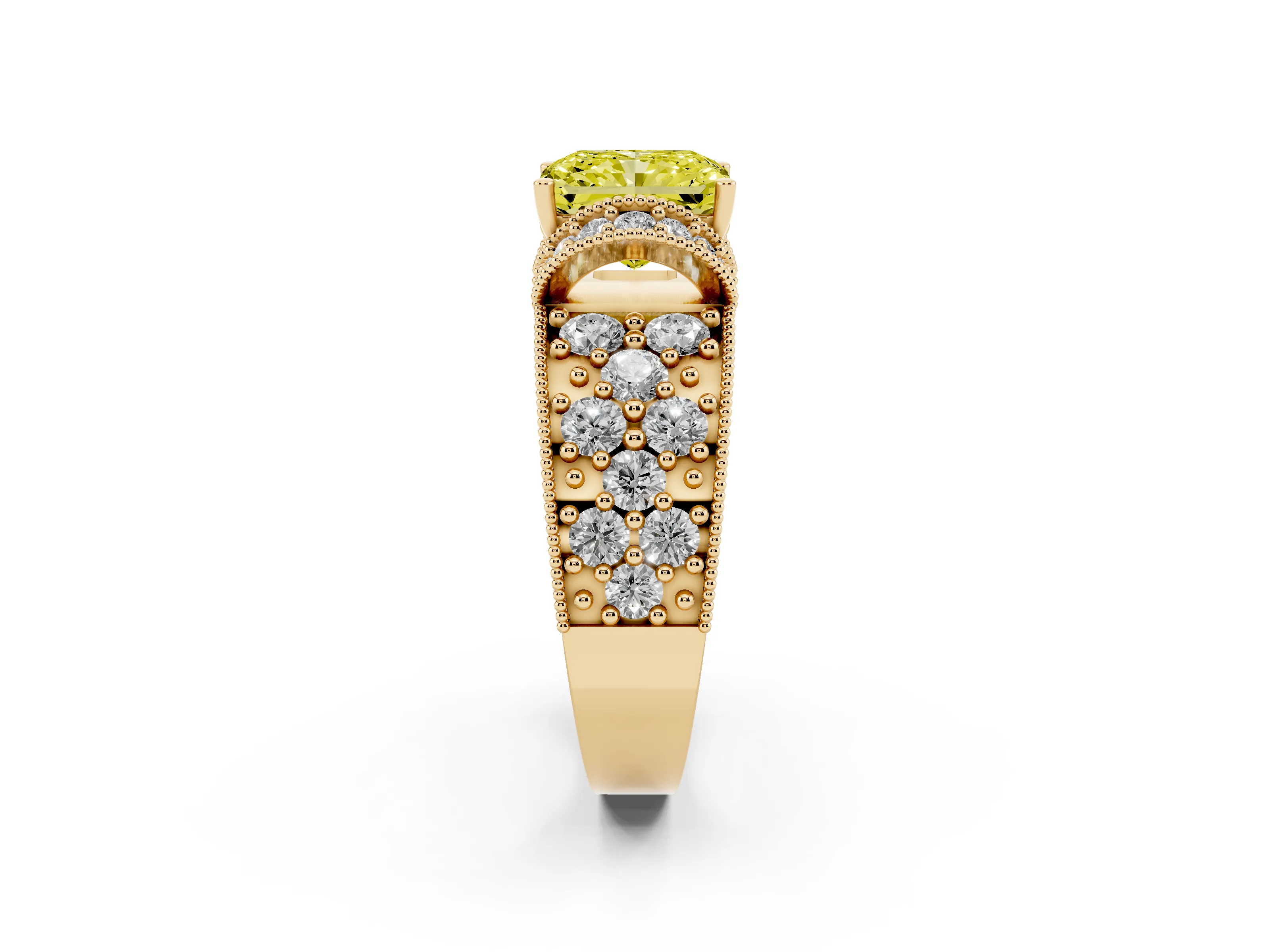 Fancy Yellow Radiant Cut Diamond Milgrain Halo Pavé Engagement Ring Set in Yellow gold with Prong Setting