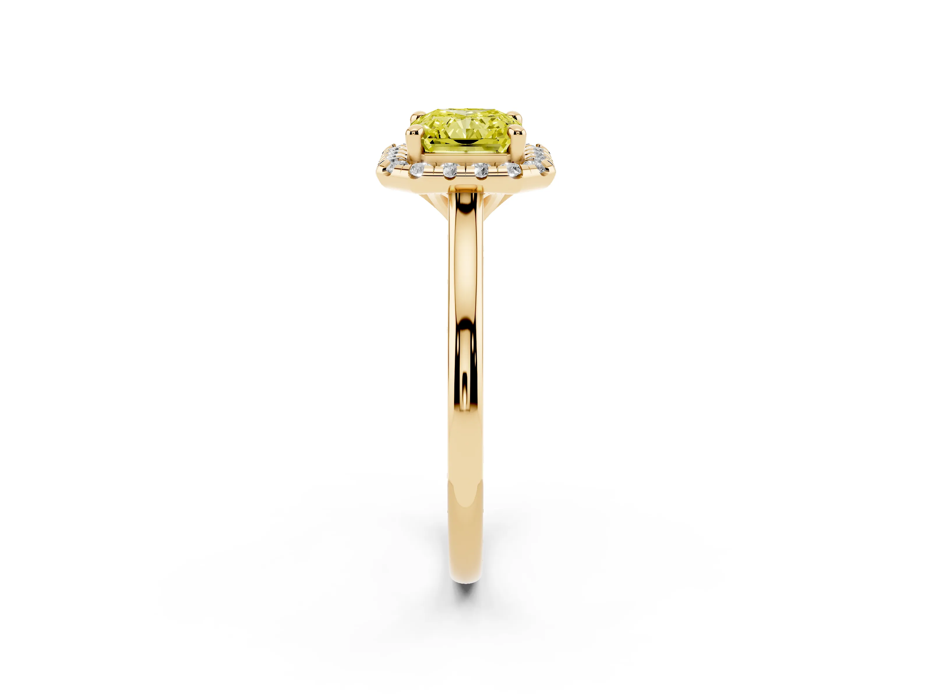 Fancy Yellow Radiant Cut Diamond Halo Engagement Ring Set in Yellow gold with Pavé Band and Rising Shoulders