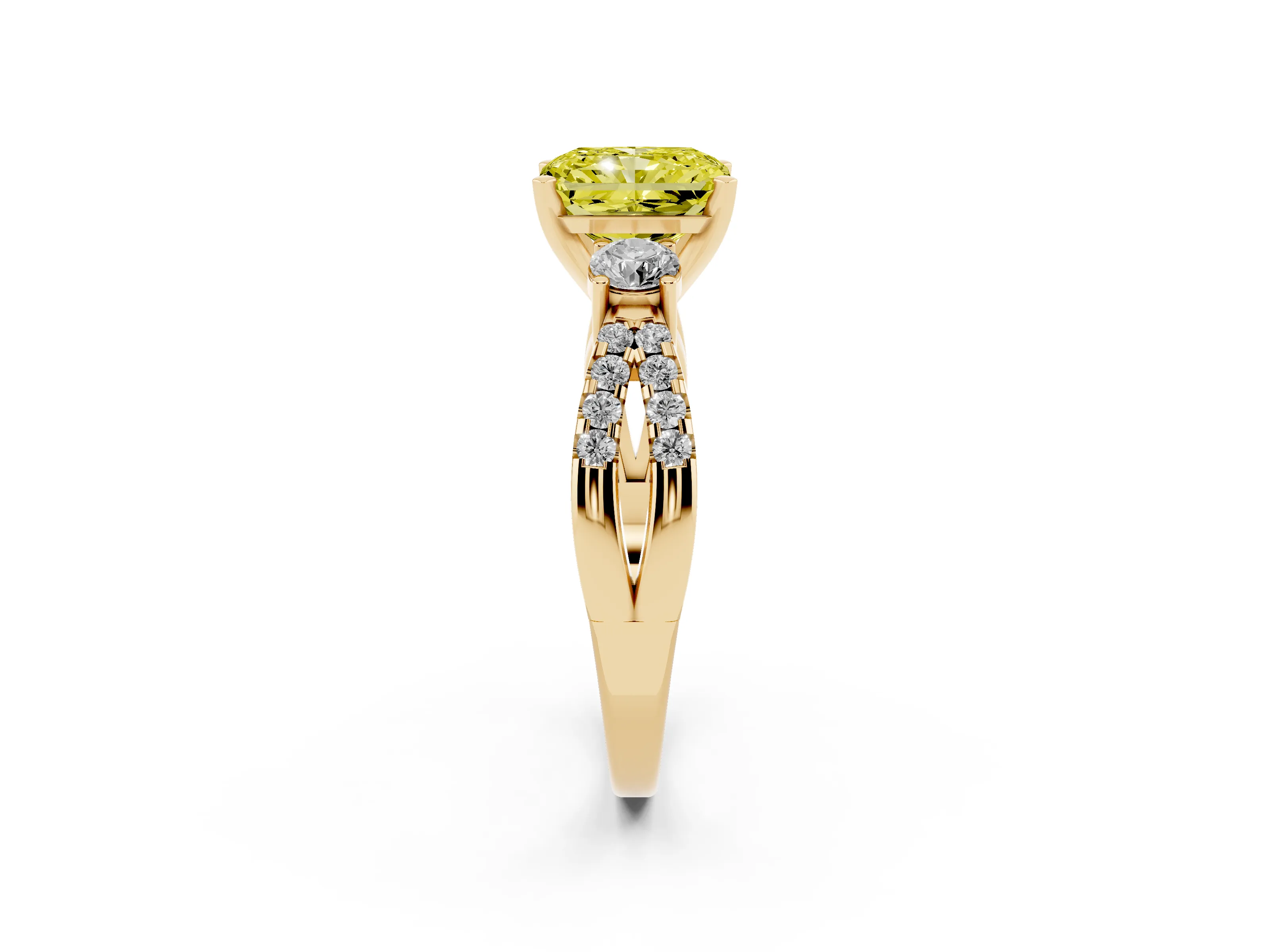 Fancy Yellow Radiant Cut Diamond Three-Stone Ring Set in Yellow gold with Pavé Split Shank and Prong Setting