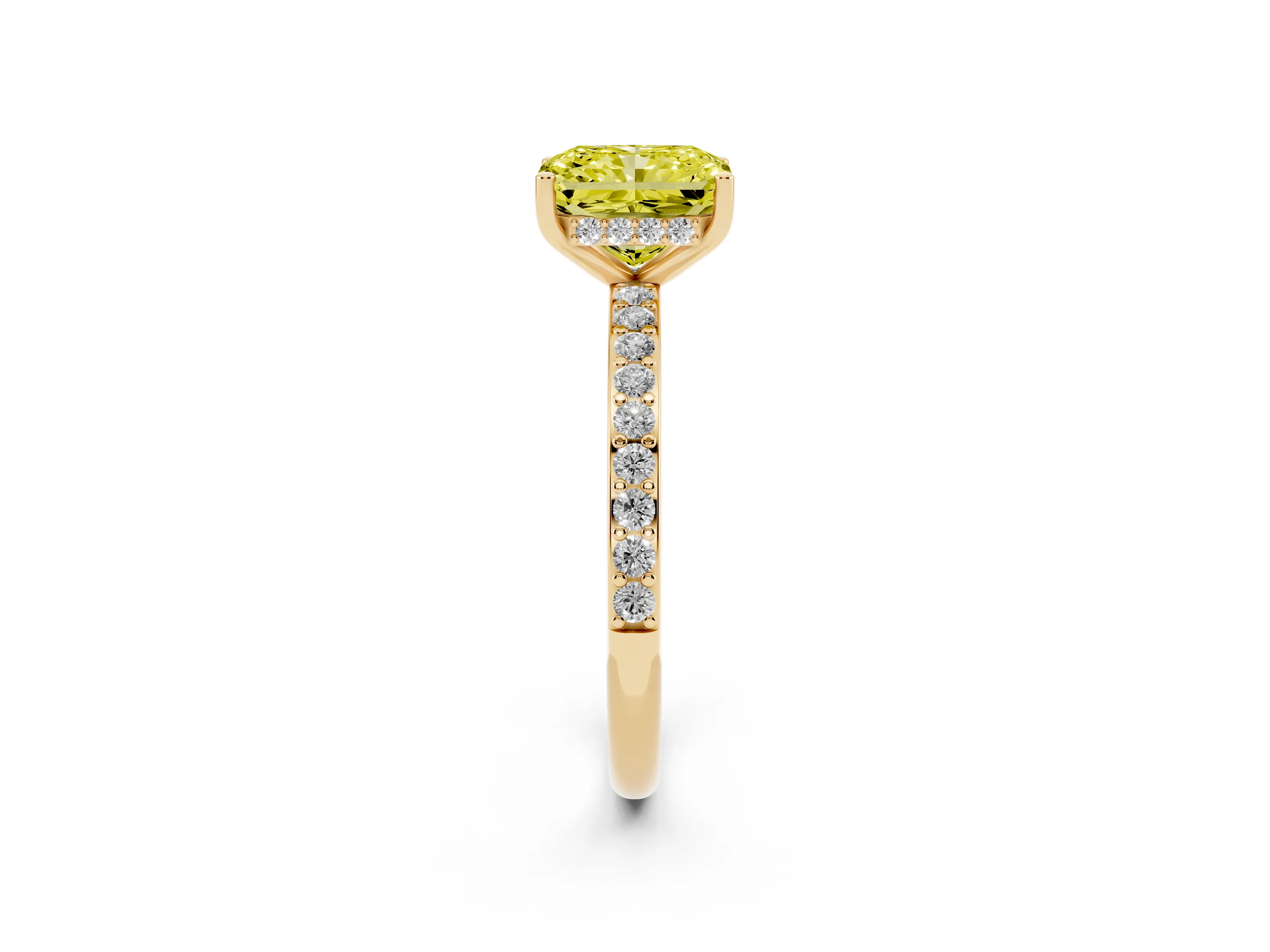 Fancy Yellow Radiant Cut Diamond Pavé Band Ring Set in Yellow gold with Prong-Set Center Stone