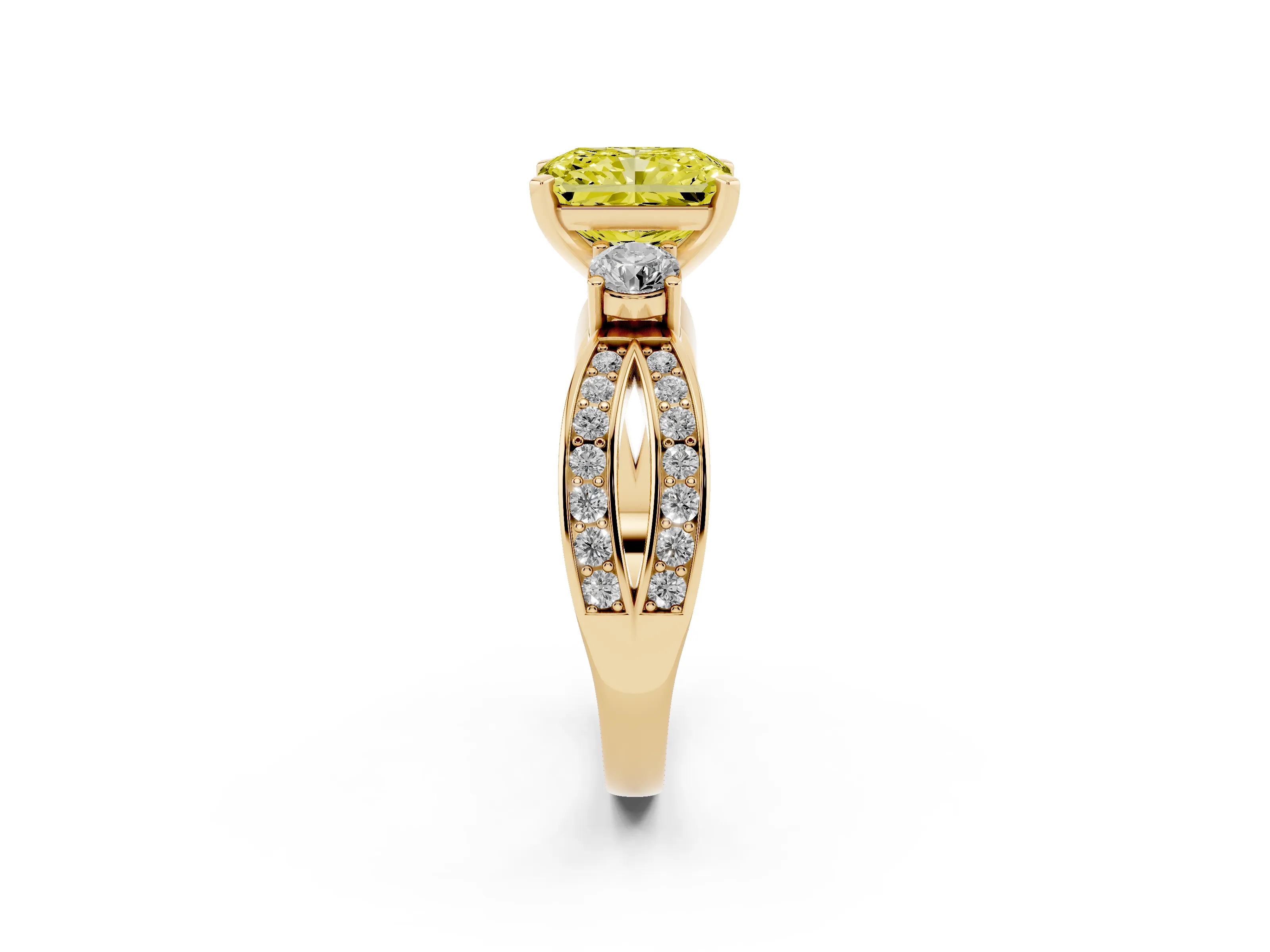 Fancy Yellow Three-Stone Radiant Cut Diamond Twist Band Ring Set in Yellow gold with Pavé Accents and Prong Setting