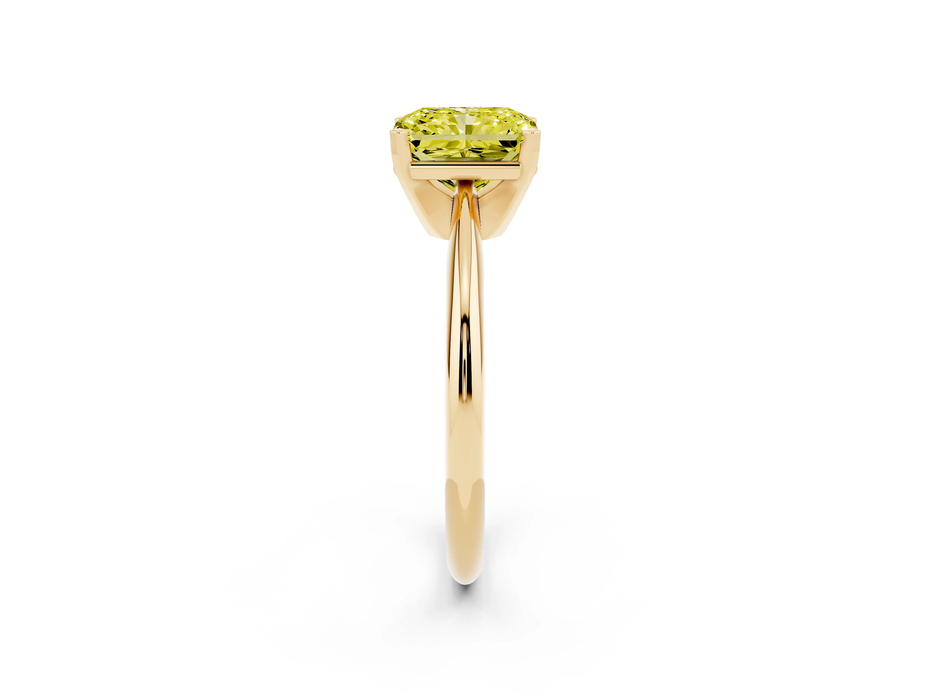 Fancy Yellow Radiant Cut Diamond Solitaire Ring Set in Yellow gold with Prong Setting on a Plain Round Band