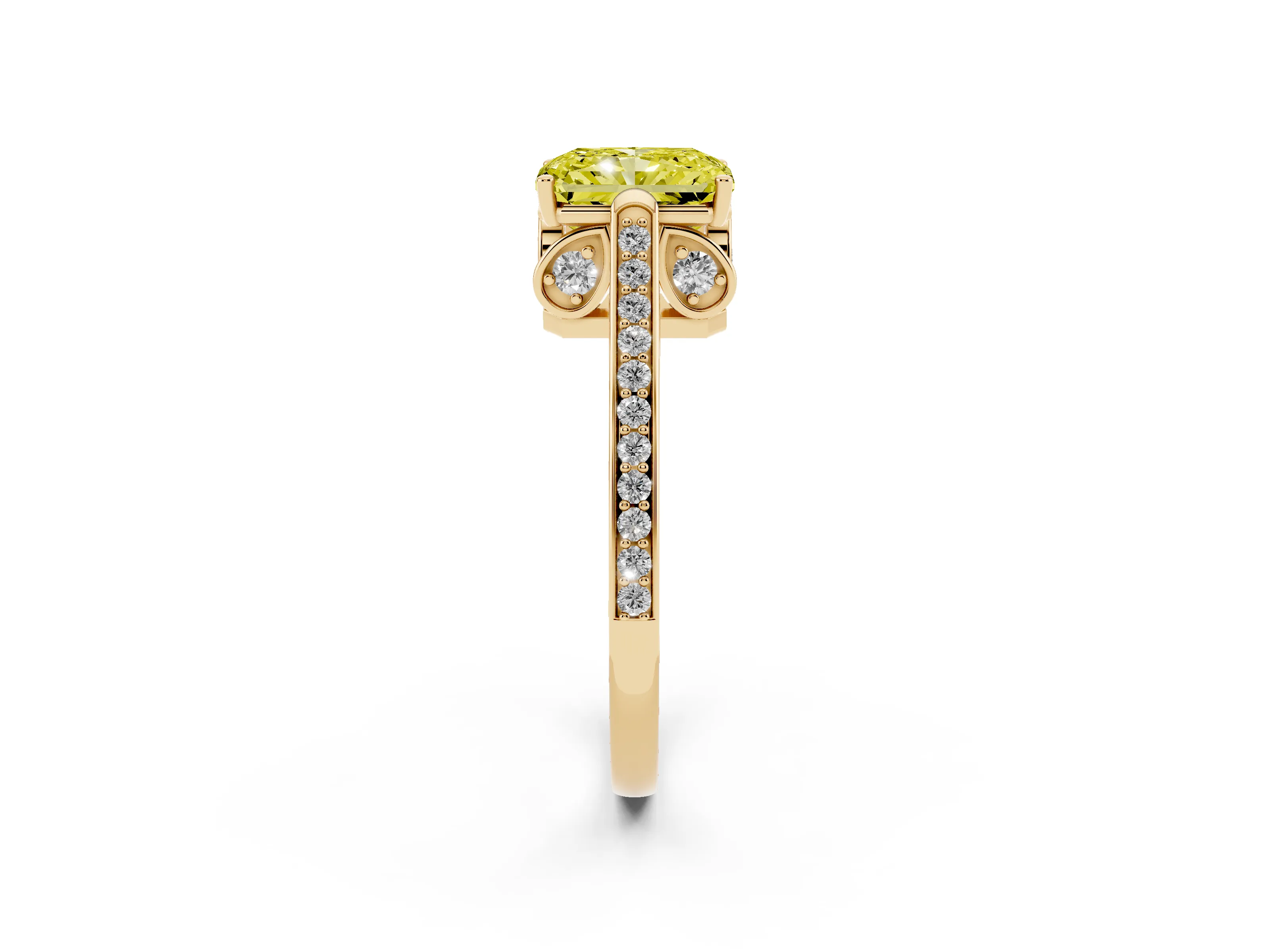 Fancy Yellow Radiant Cut Diamond Cathedral Pavé Engagement Ring Set in Yellow gold with Prong Setting