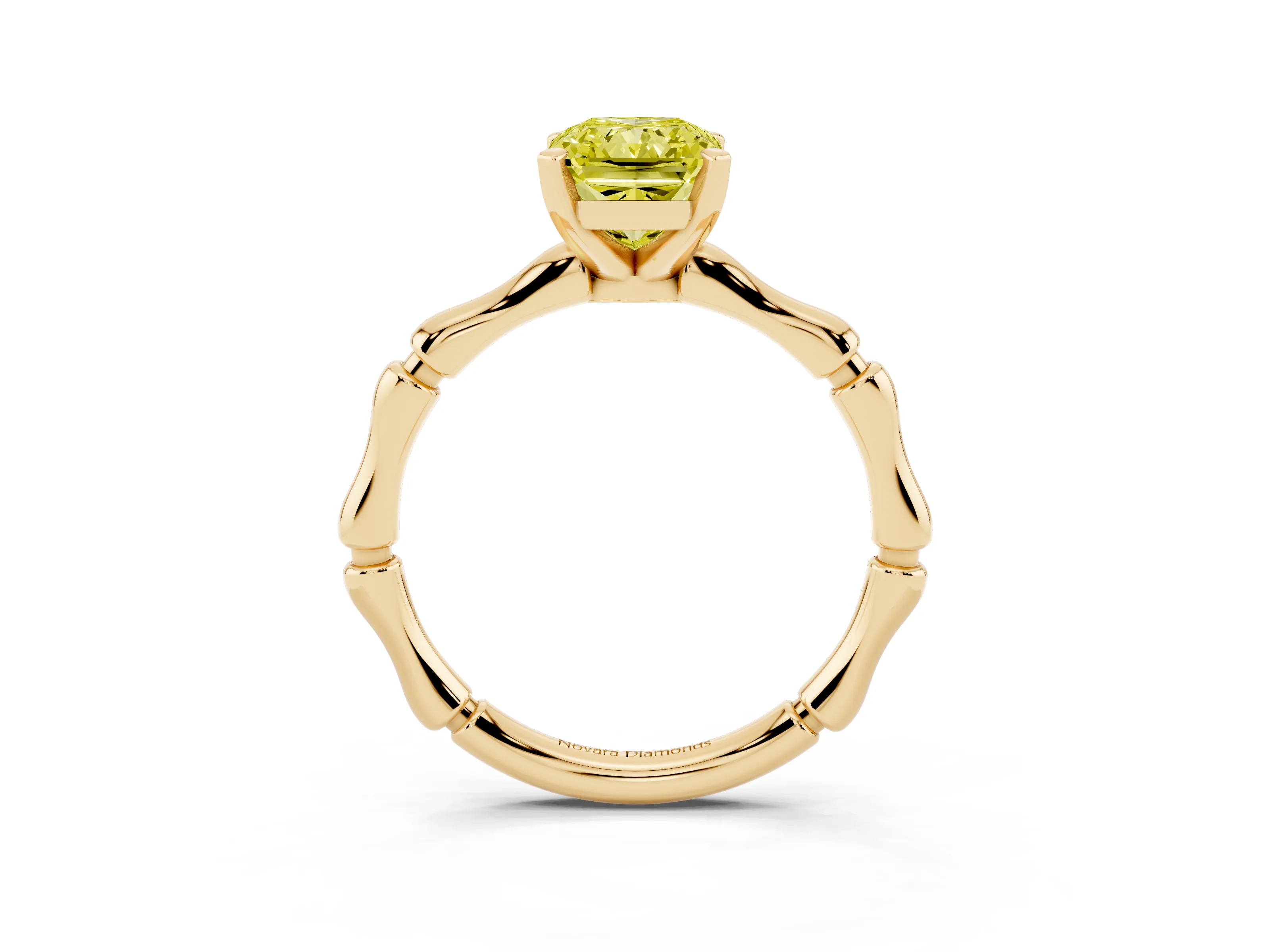 Fancy Yellow Radiant Cut Diamond Solitaire Ring Set in Yellow gold with Bamboo Band and Prong Setting