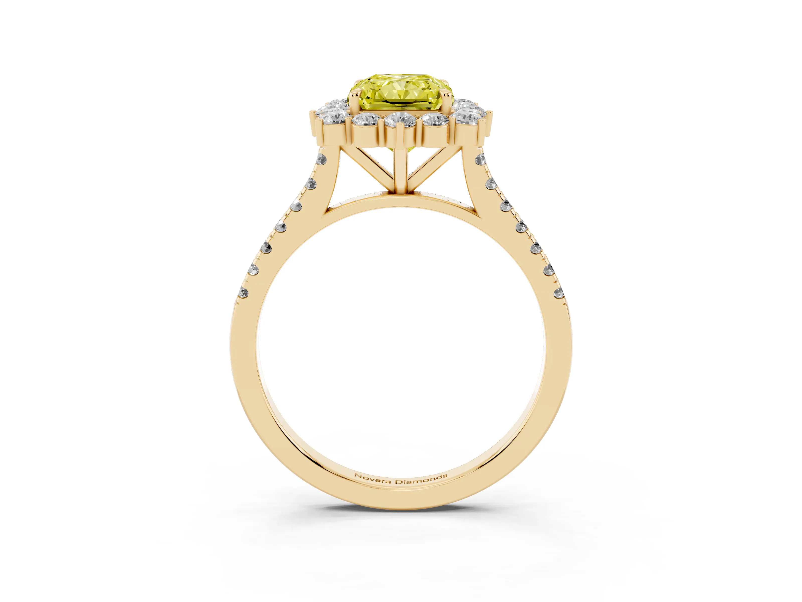 Fancy Yellow Radiant Cut Diamond Halo Ring Set in Yellow gold with Pavé Band and Prong Setting