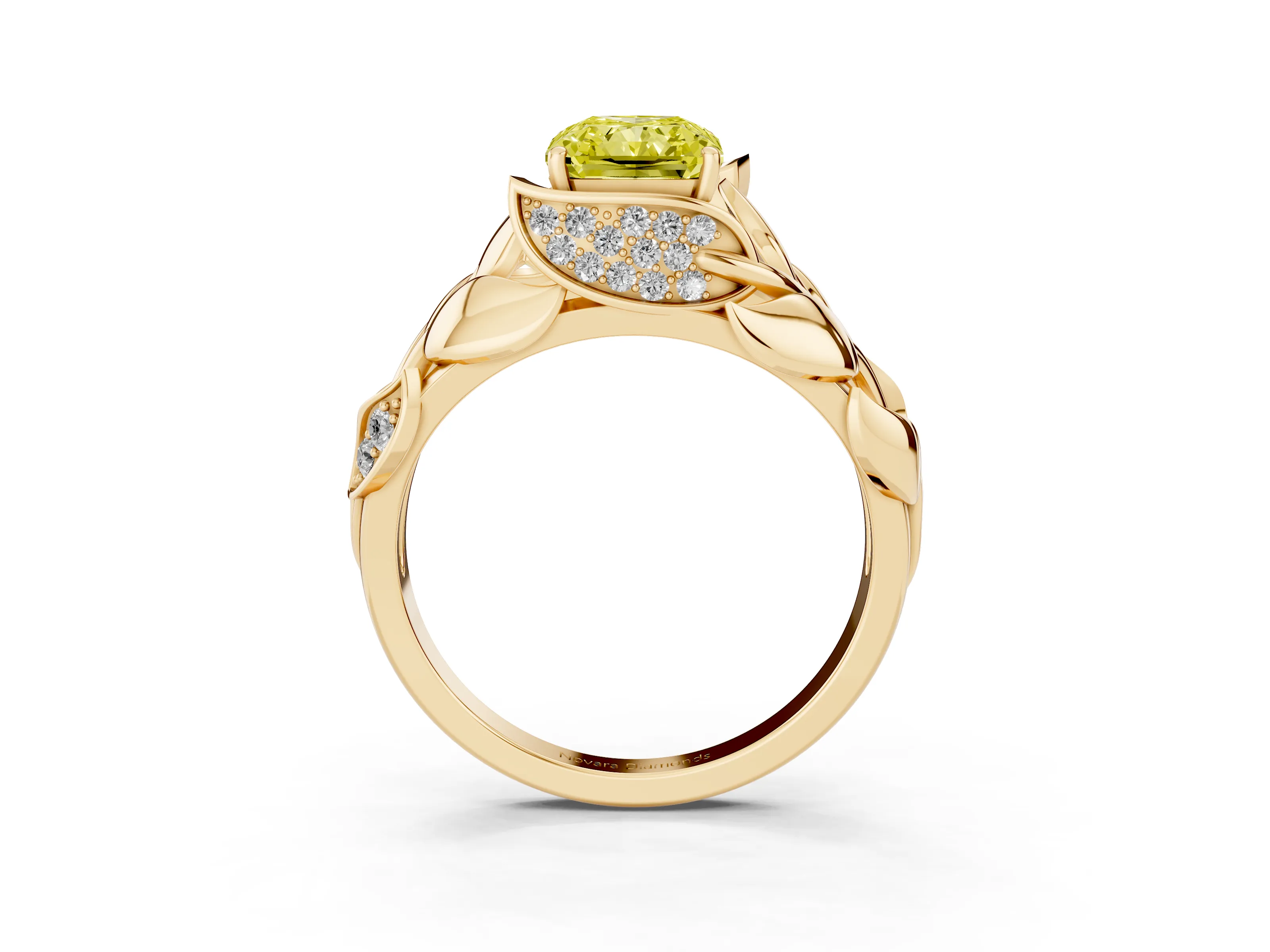 Fancy Yellow Radiant Cut Diamond Leaf-Inspired Engagement Ring Set in Yellow gold with Round Accents