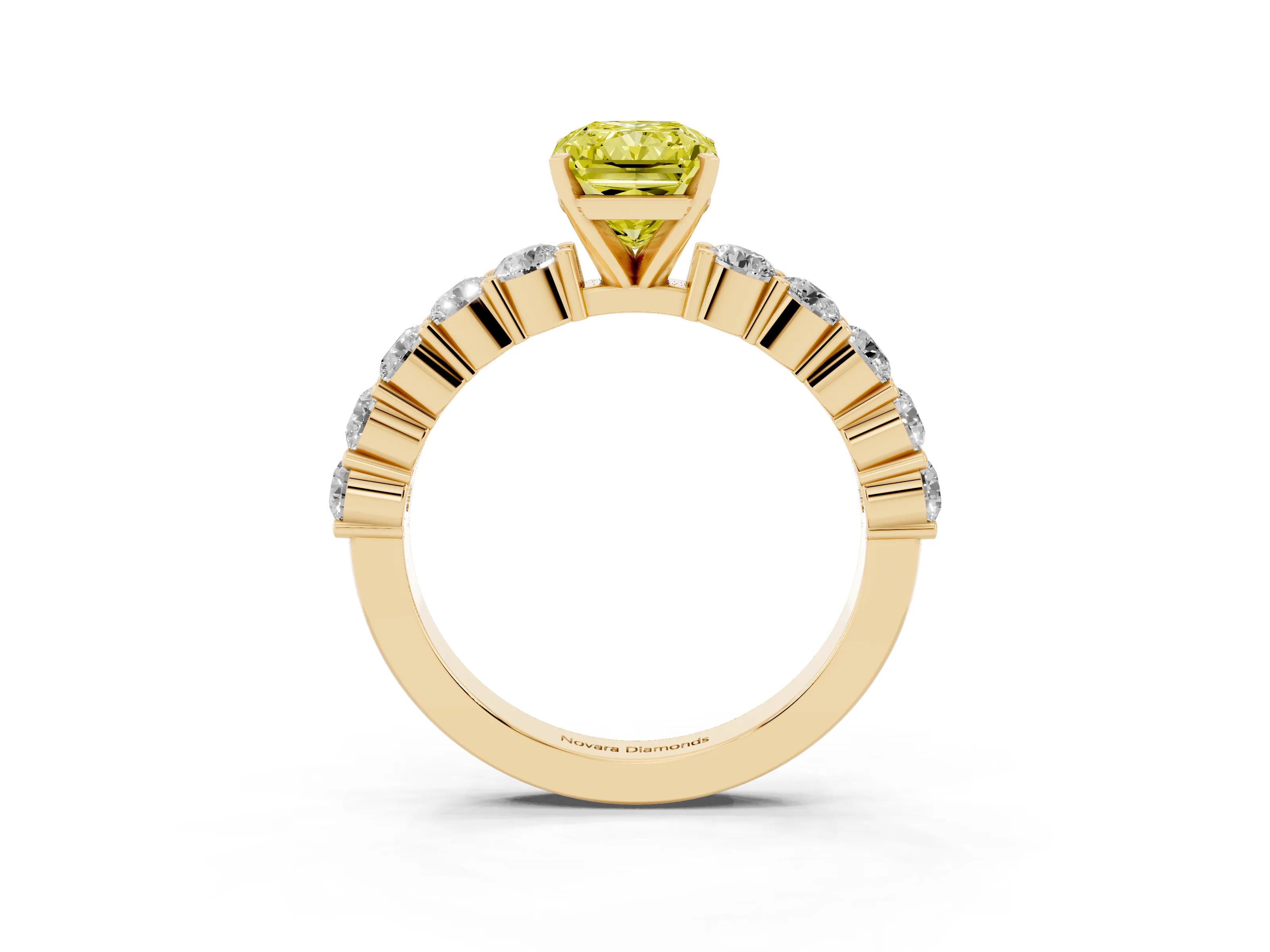 Fancy Yellow Radiant Cut Diamond Solitaire Ring Set in Yellow gold with Shared Prong Round Side Stones