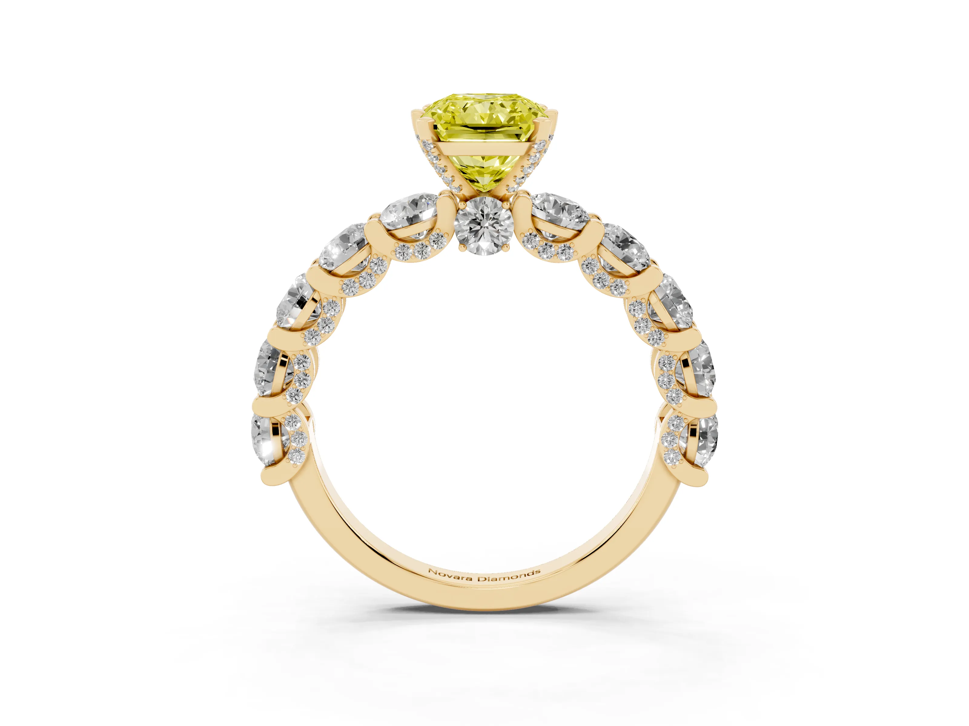 Fancy Yellow Radiant Cut Diamond Side Stone Ring Set in Yellow gold with Alternating Round and Oval Side Stones