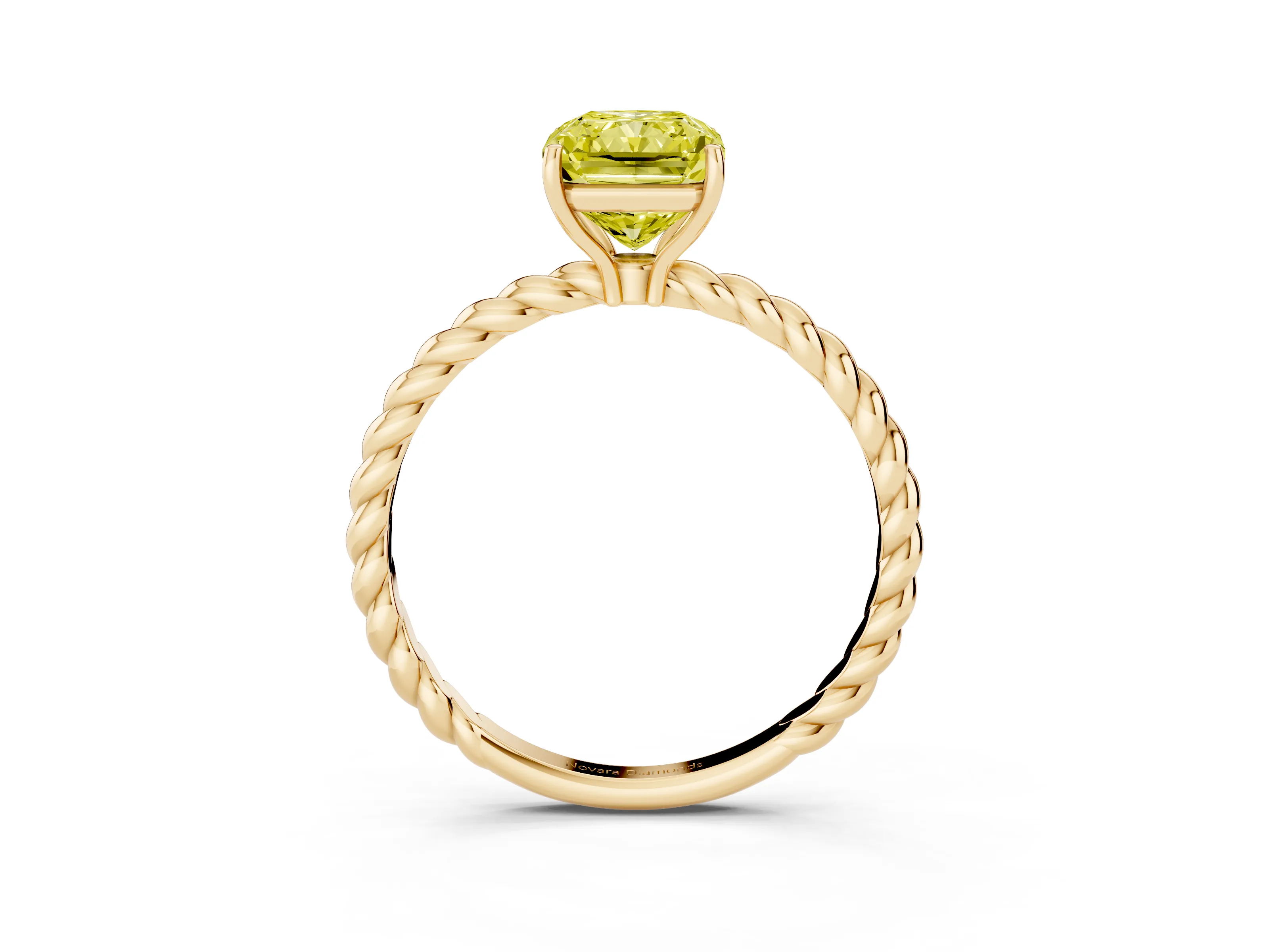 Fancy Yellow Radiant Cut Diamond Solitaire Ring Set in Yellow gold with Twist Band and Prong Setting