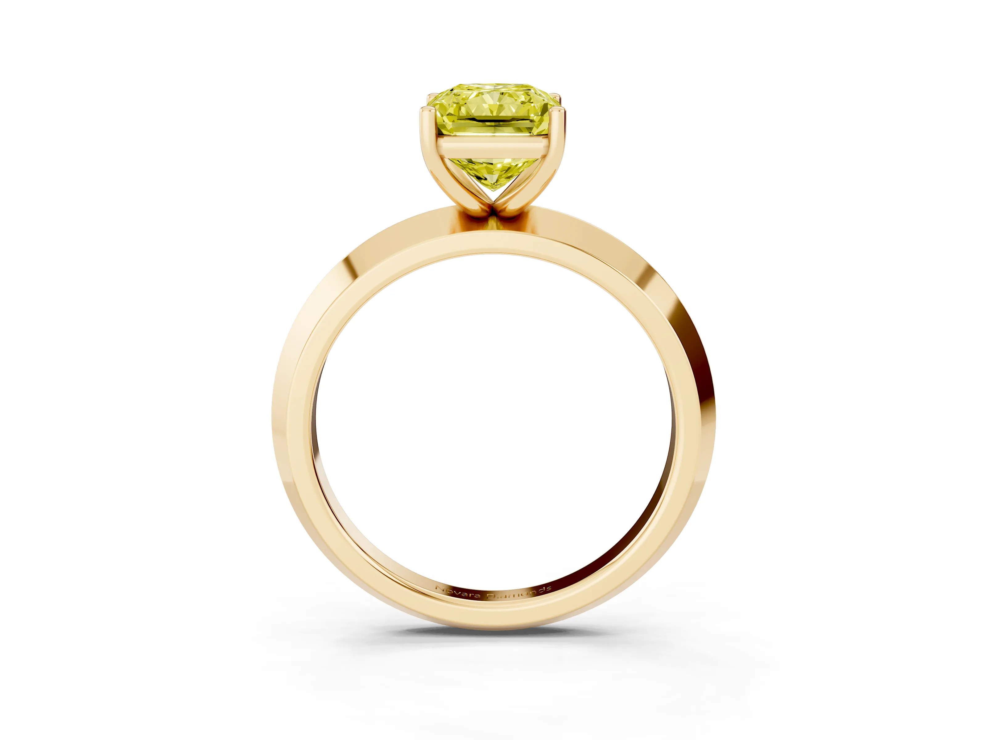 Fancy Yellow Radiant Cut Diamond Solitaire Engagement Ring Set in Yellow gold with Flat Band and Prong Setting