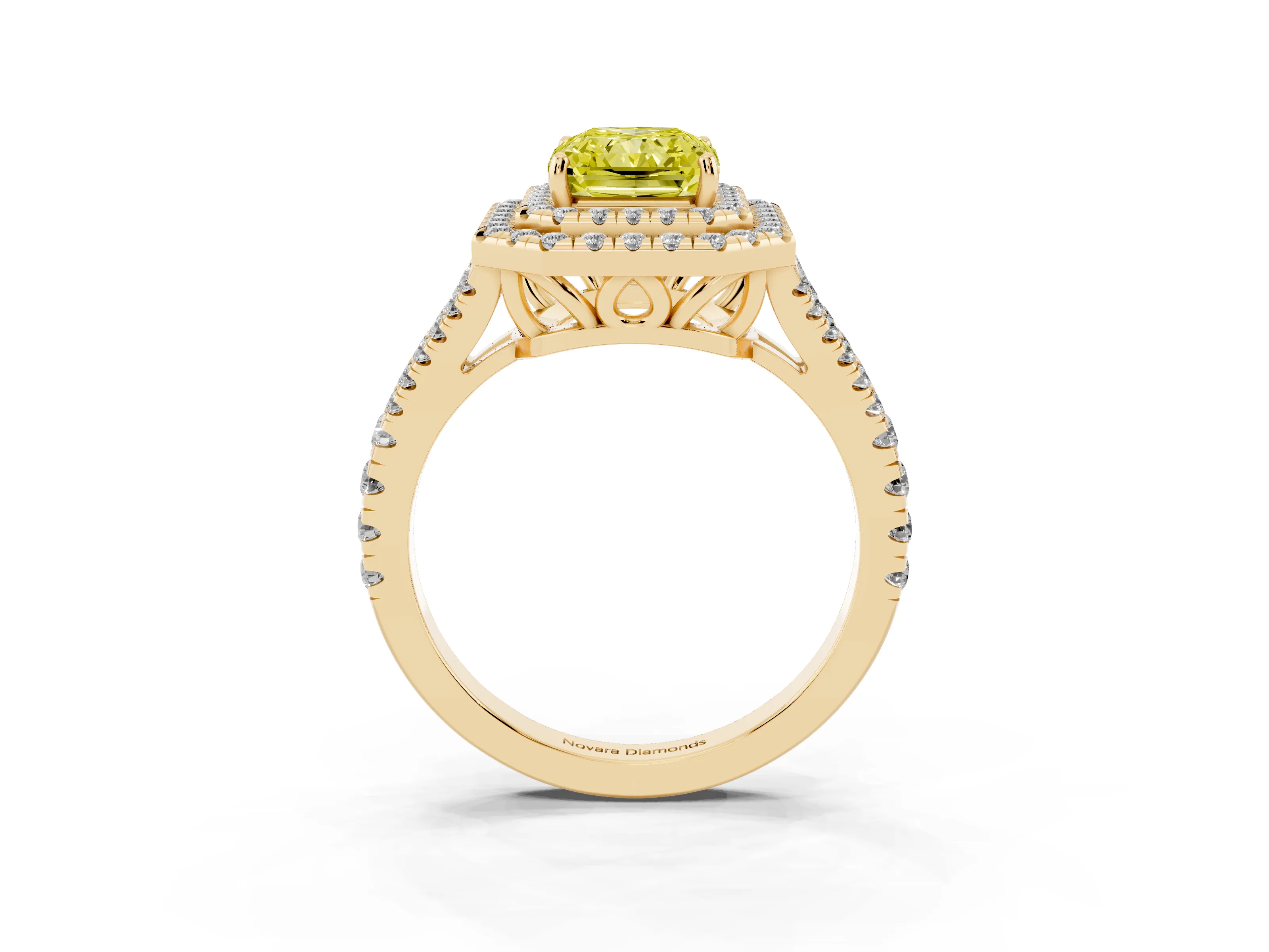 Fancy Yellow Radiant Cut Diamond Double Halo Ring Set in Yellow gold with Pavé Band