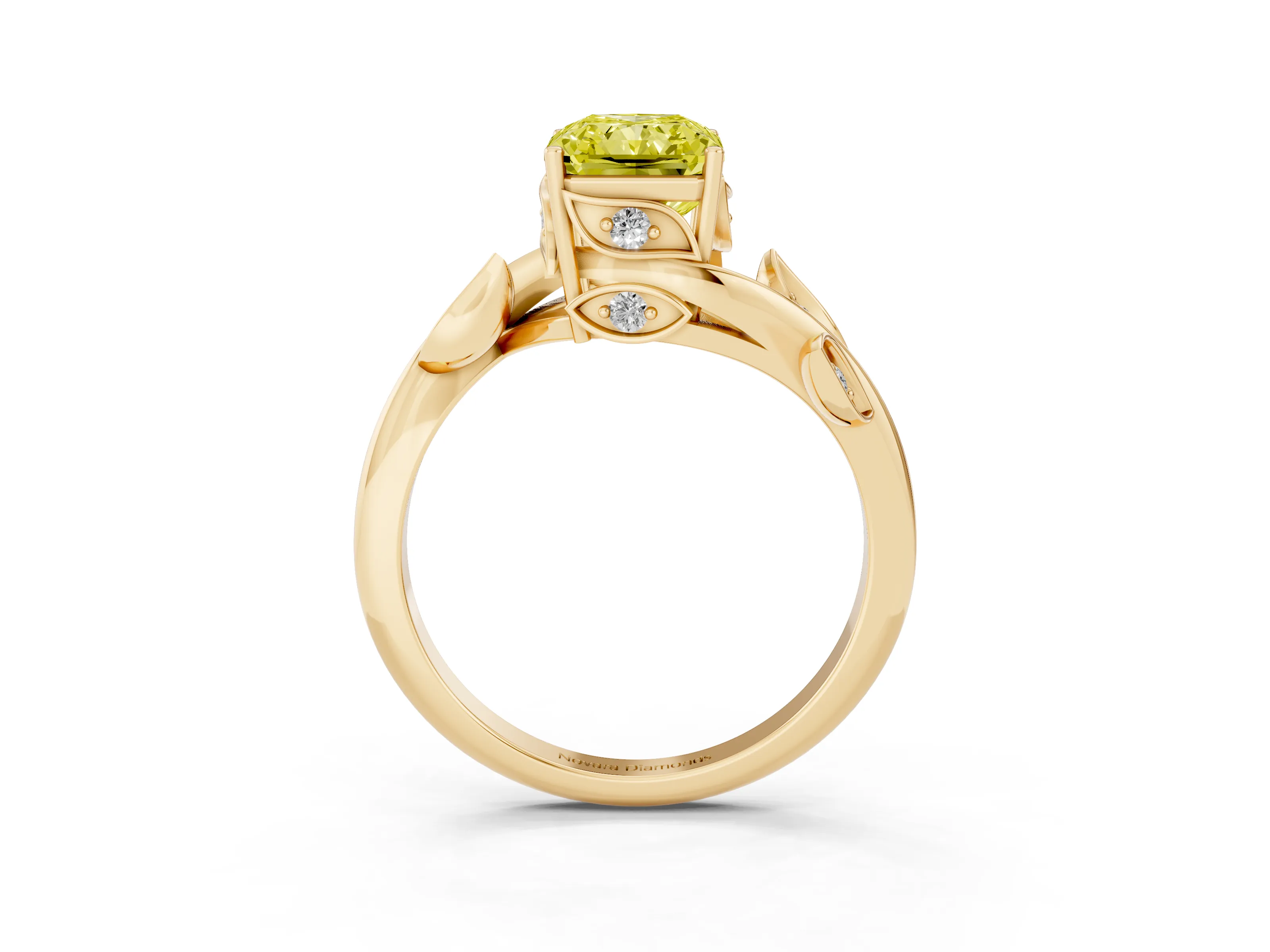 Fancy Yellow Radiant Cut Diamond Solitaire Twist Engagement Ring Set in Yellow gold with Pavé Leaf Accents