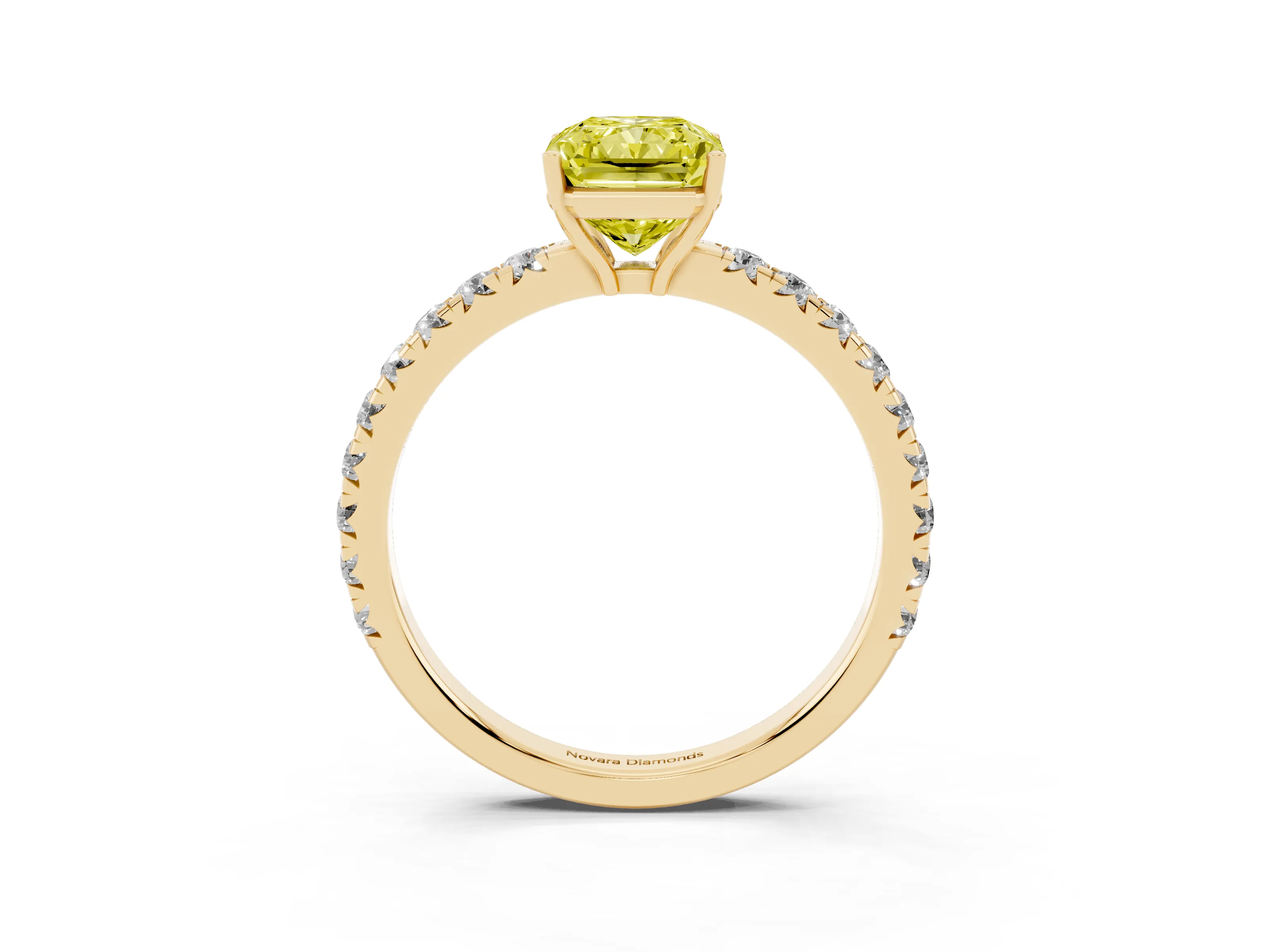 Fancy Yellow Radiant Cut Diamond Pavé Solitaire Engagement Ring Set in Yellow gold with Prong Setting