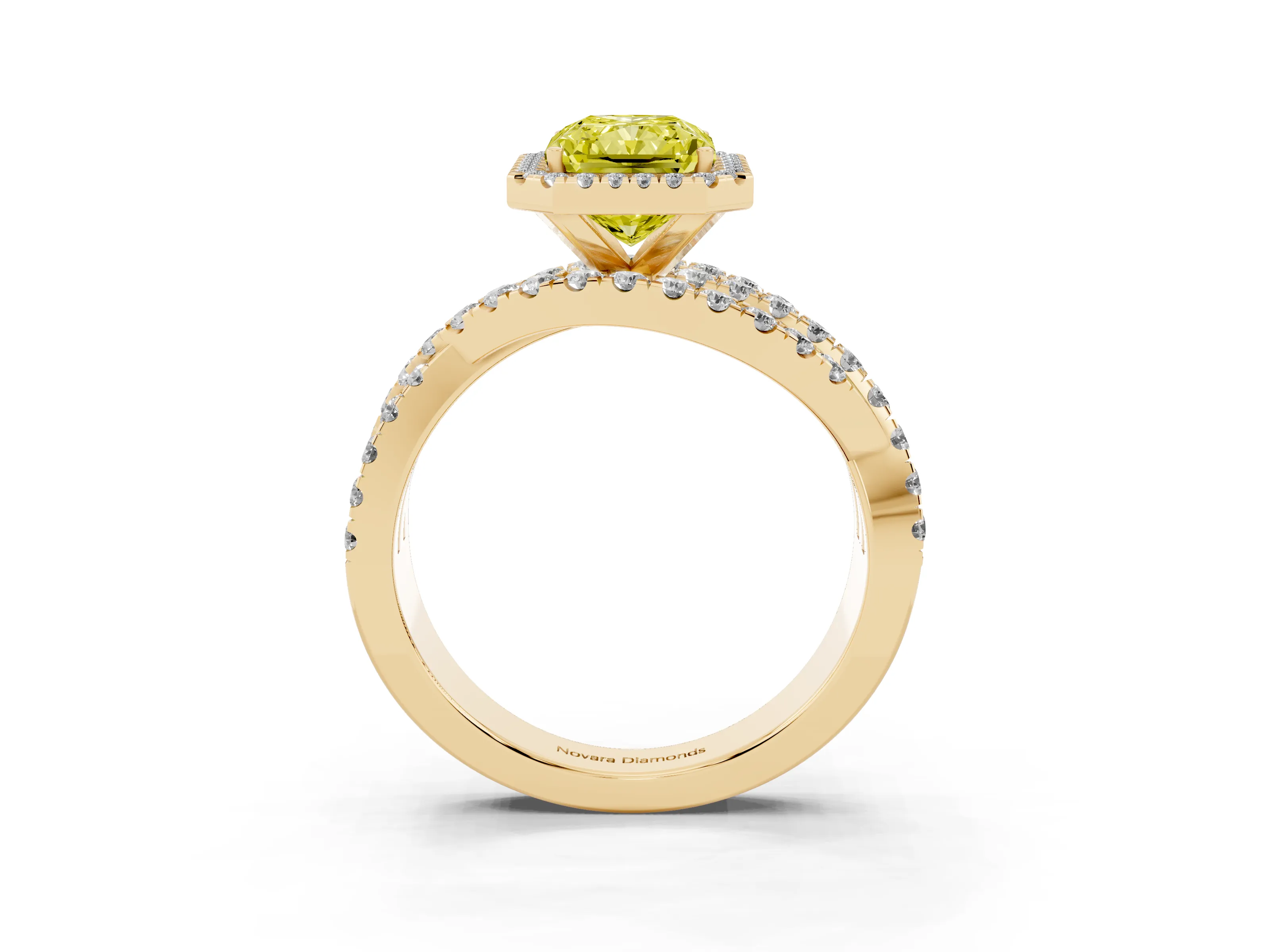 Fancy Yellow Radiant Cut Diamond Halo Ring Set in Yellow gold with Round Crossover Split Shank and Prong Setting