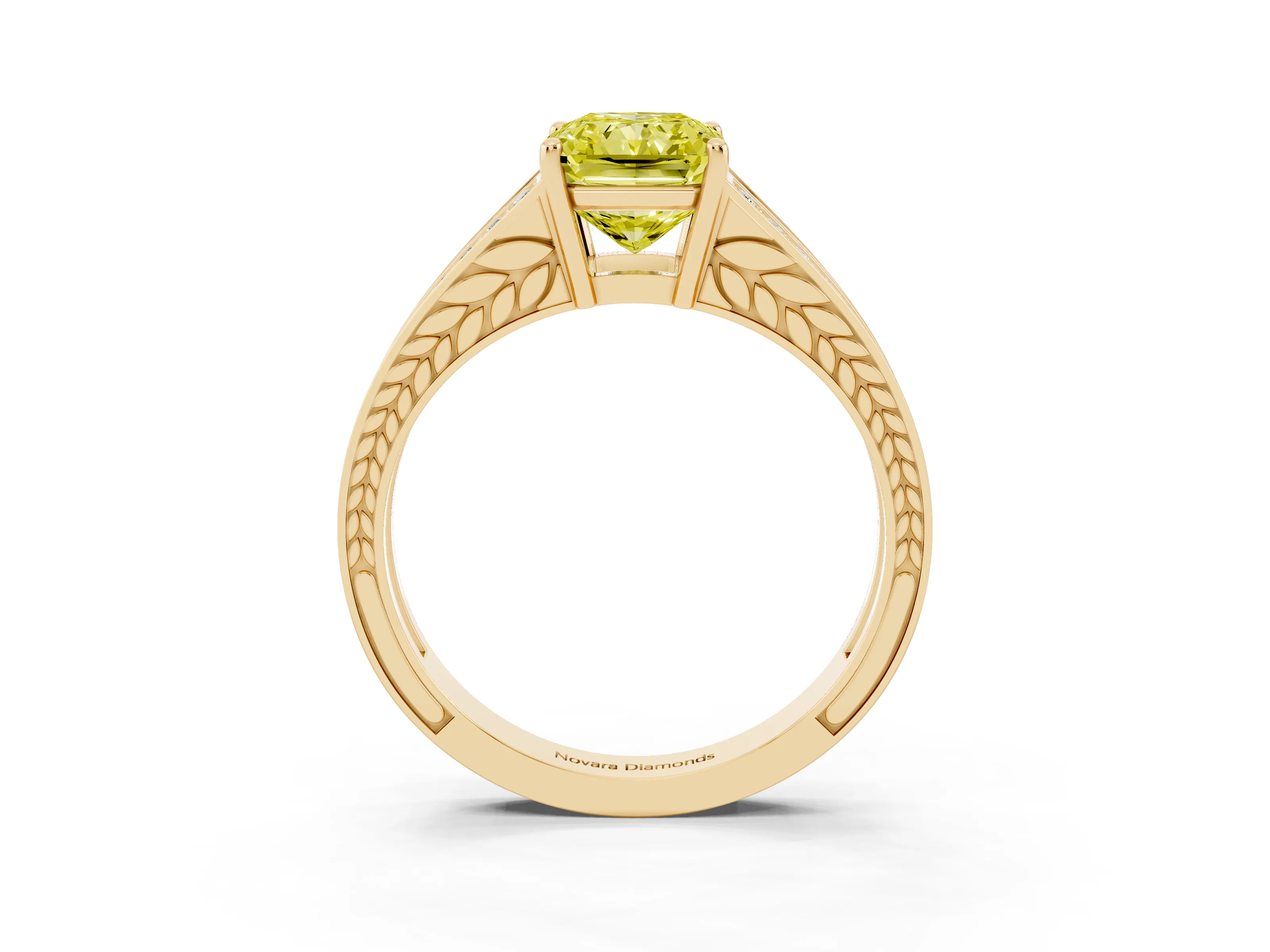 Fancy Yellow Radiant Cut Diamond Split Shank Ring Set in Yellow gold with Pavé Band and Prong Setting