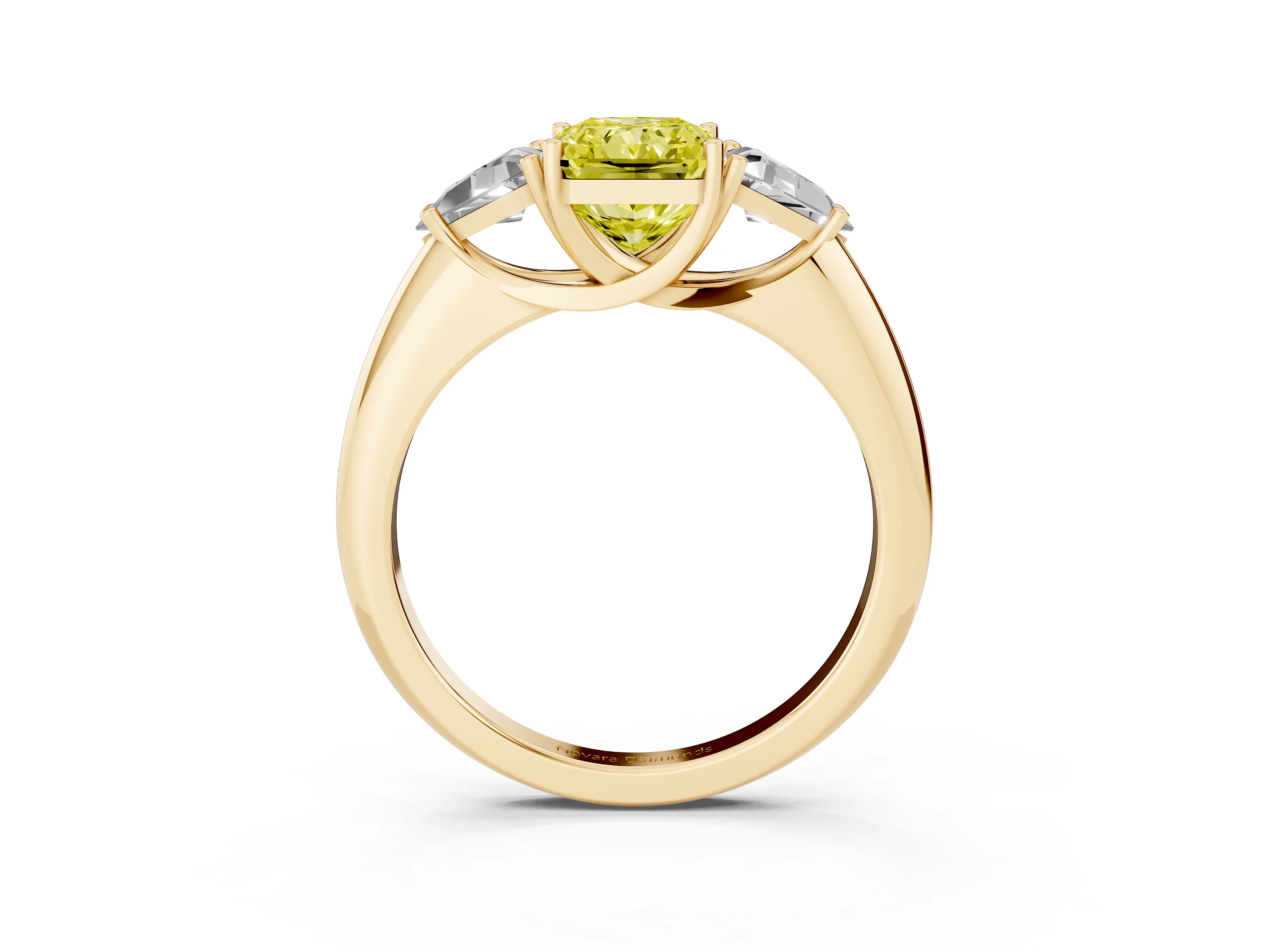 Fancy Yellow Radiant Cut Diamond Three-Stone Engagement Ring Set in Yellow gold with Trillion Side Stones