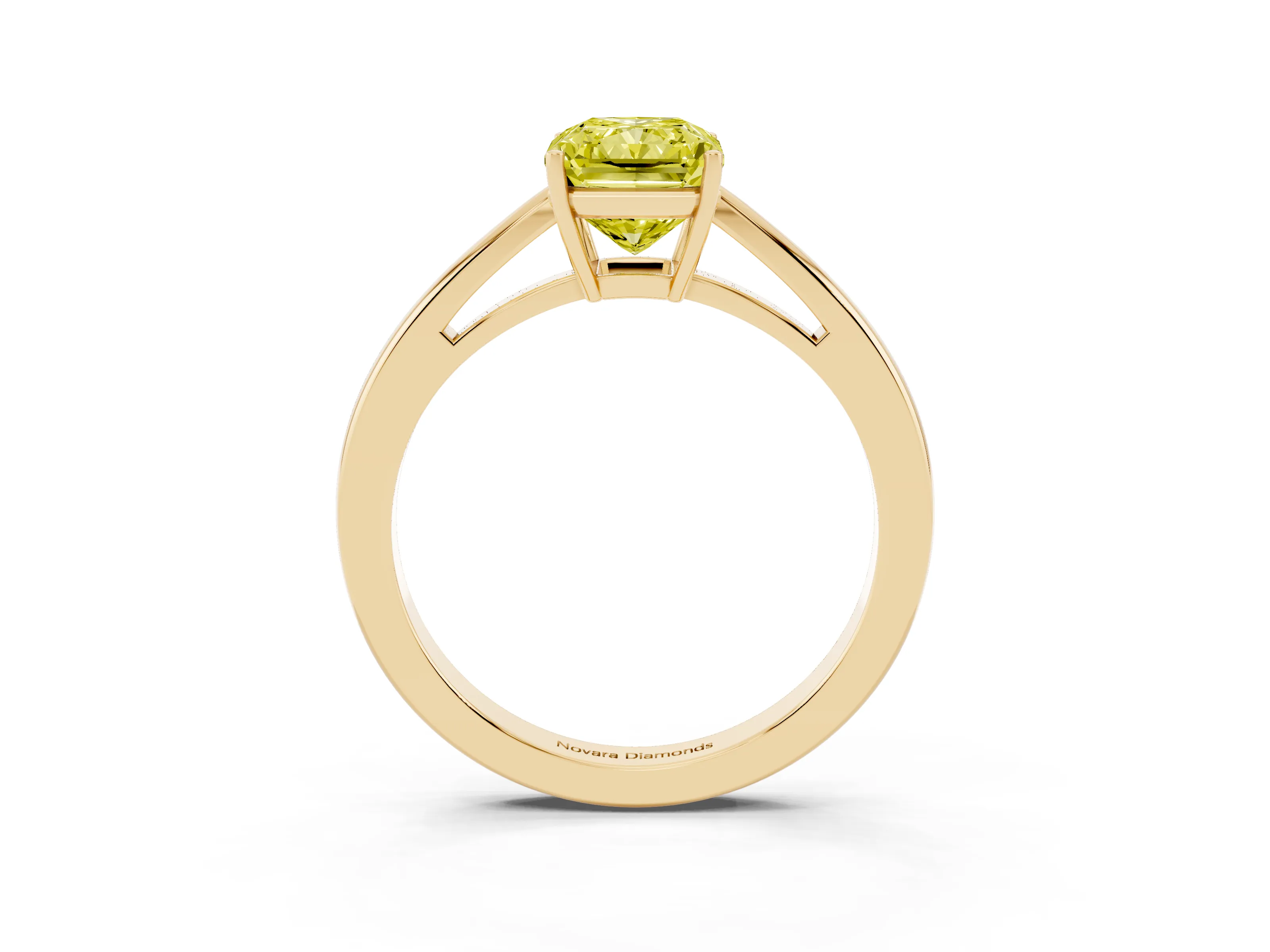 Fancy Yellow Radiant Cut Diamond Solitaire Ring Set in Yellow gold with Split Shank and Prong Setting