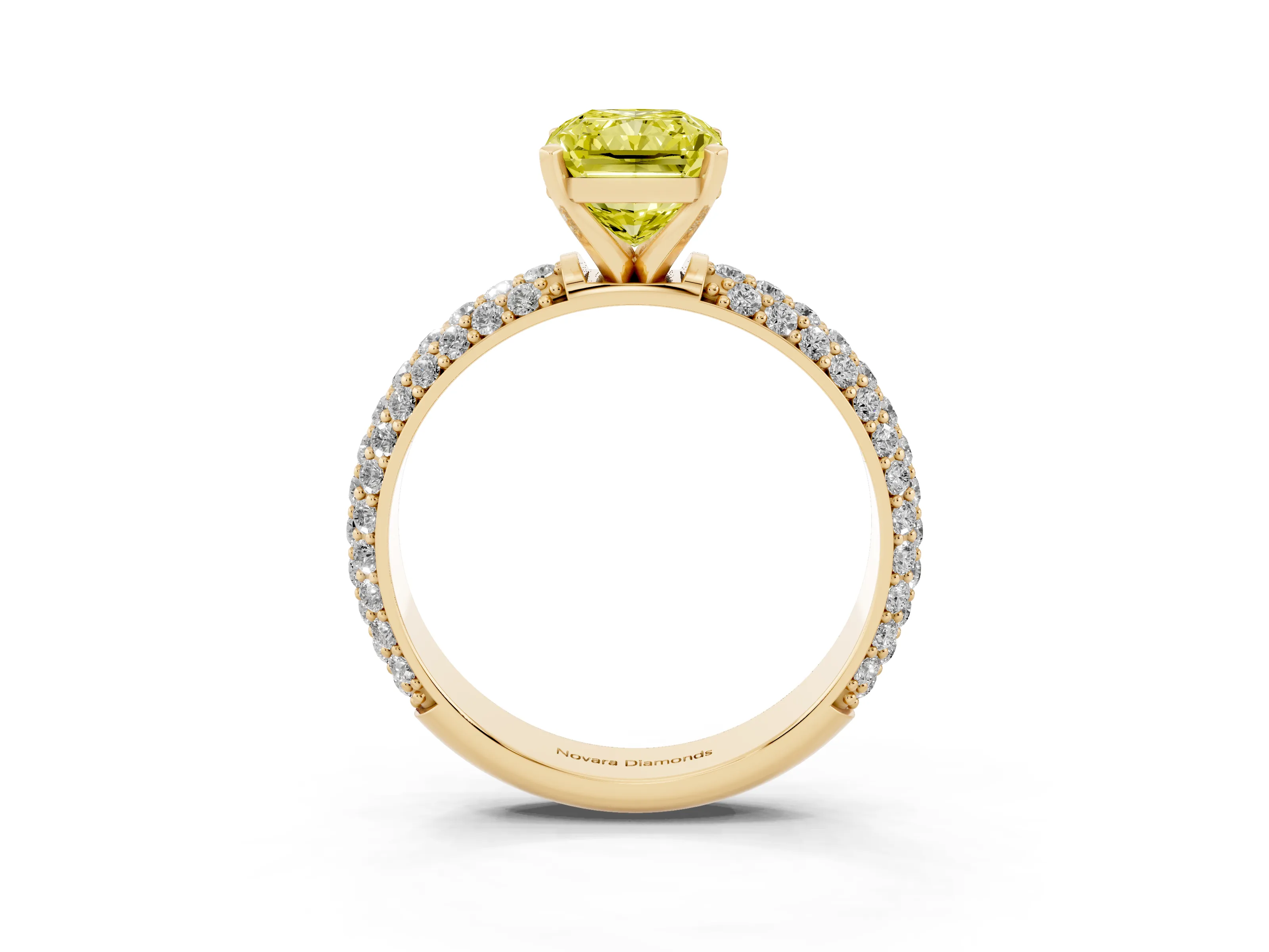 Fancy Yellow Radiant Cut Diamond Solitaire Ring Set in Yellow gold with Prong Setting and Pavé-Set Band