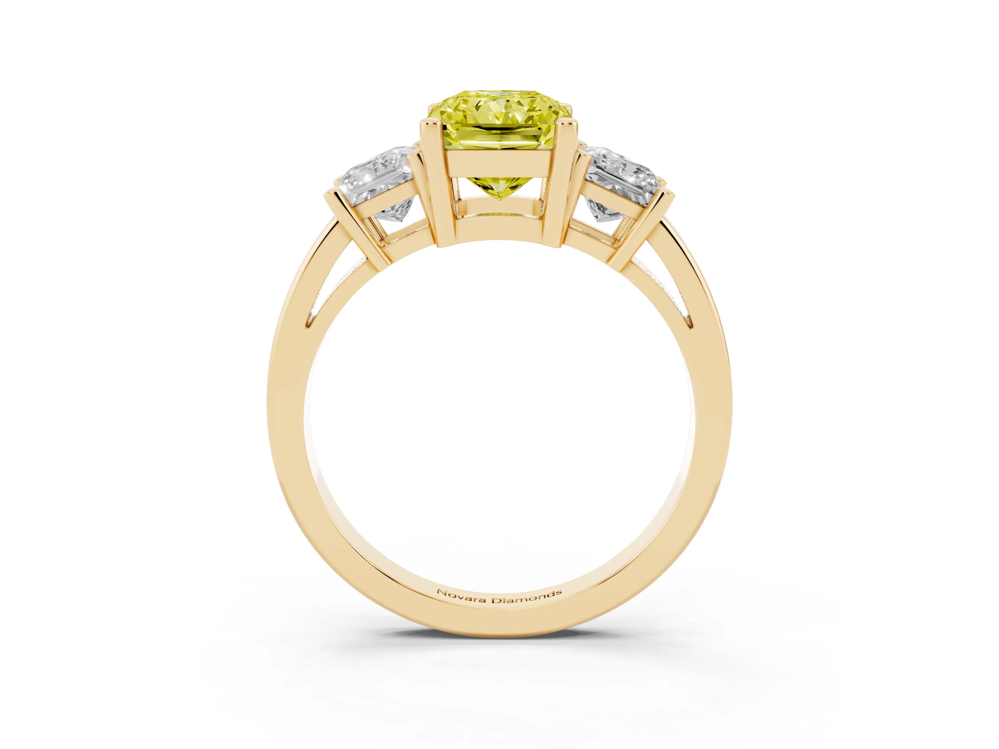 Fancy Yellow Three-Stone Radiant Cut Diamond Solitaire Ring Set in Yellow gold with Prong Setting