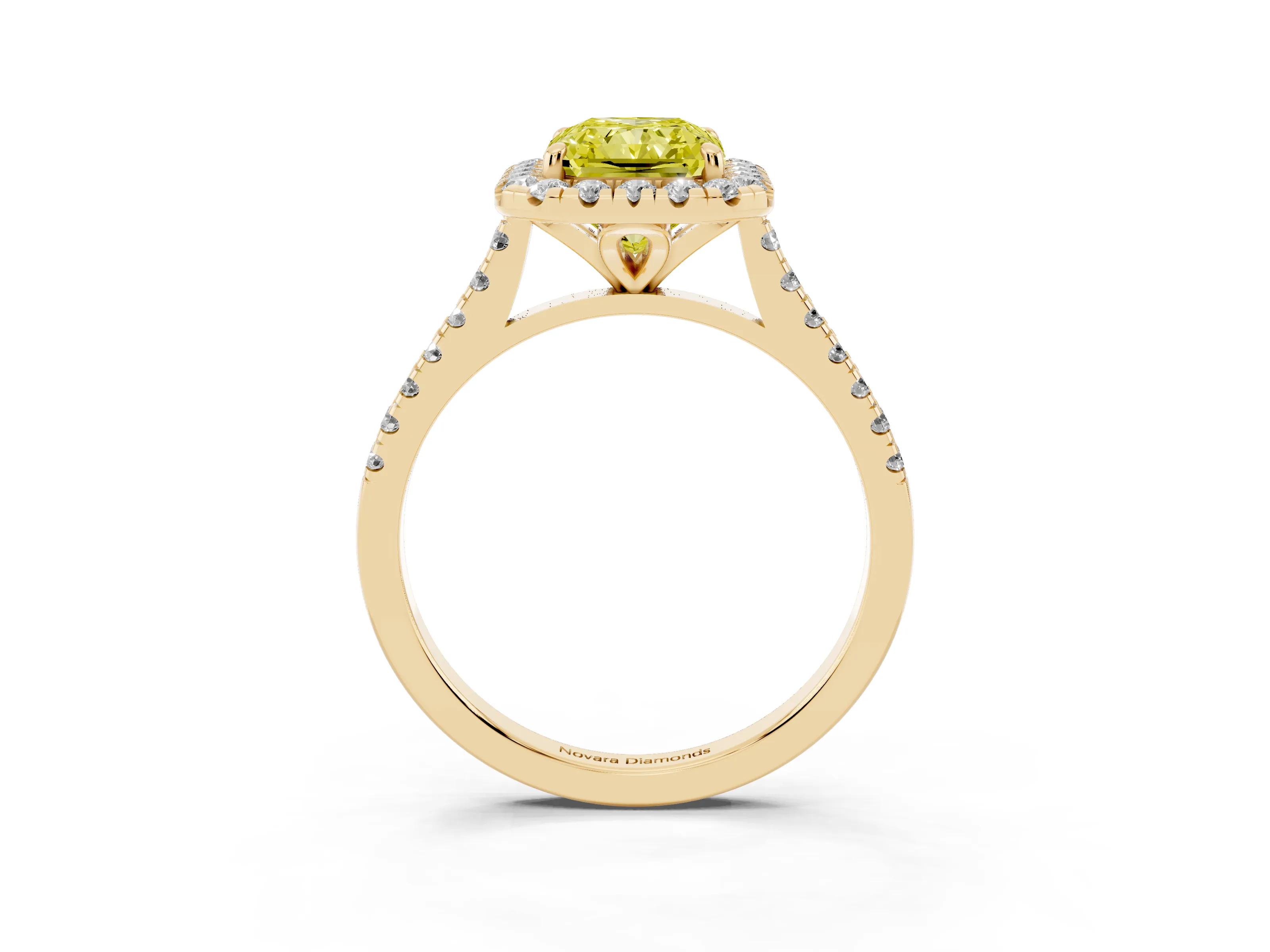 Fancy Yellow Radiant Cut Diamond Cushion Halo Ring Set in Yellow gold with Pavé Band
