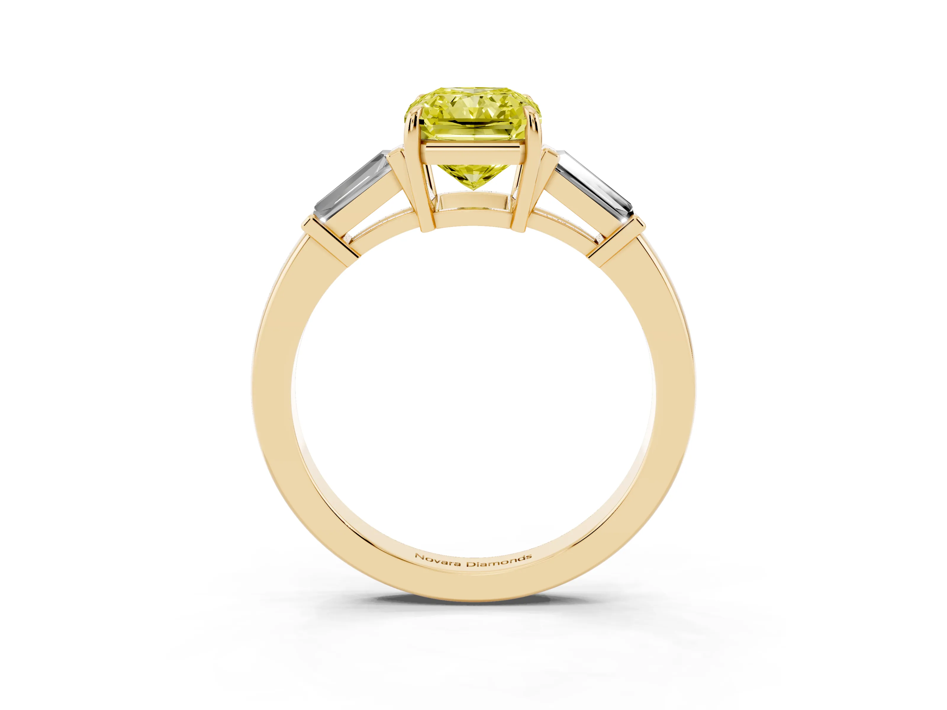 Fancy Yellow Radiant Cut Diamond Three-Stone Ring Set in Yellow gold with Tapered Baguette Side Stones and Prong Setting